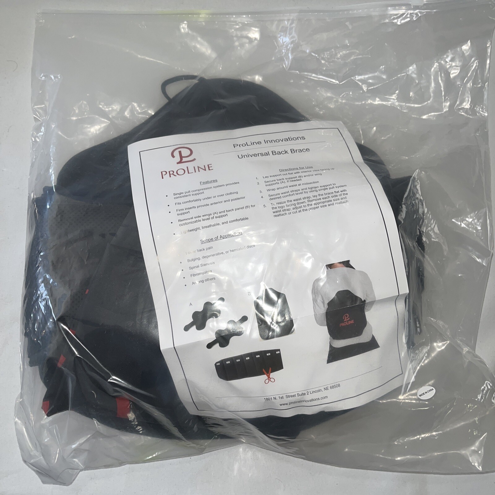 New ProLine Innovations Back Brace Support With Bag Universal Resizable