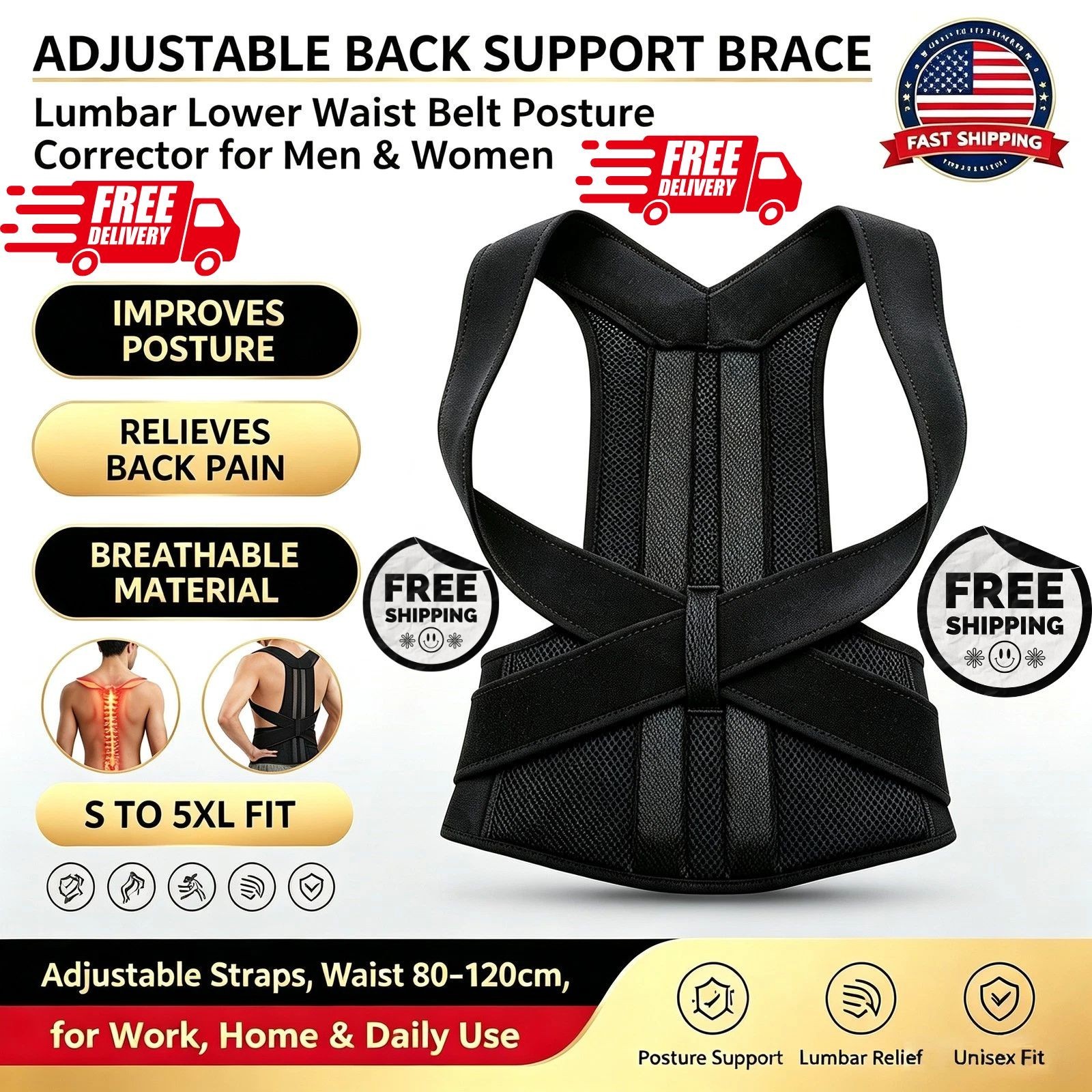 Adjustable Posture Corrector Low Back Support Shoulder Brace Belt for Men Women