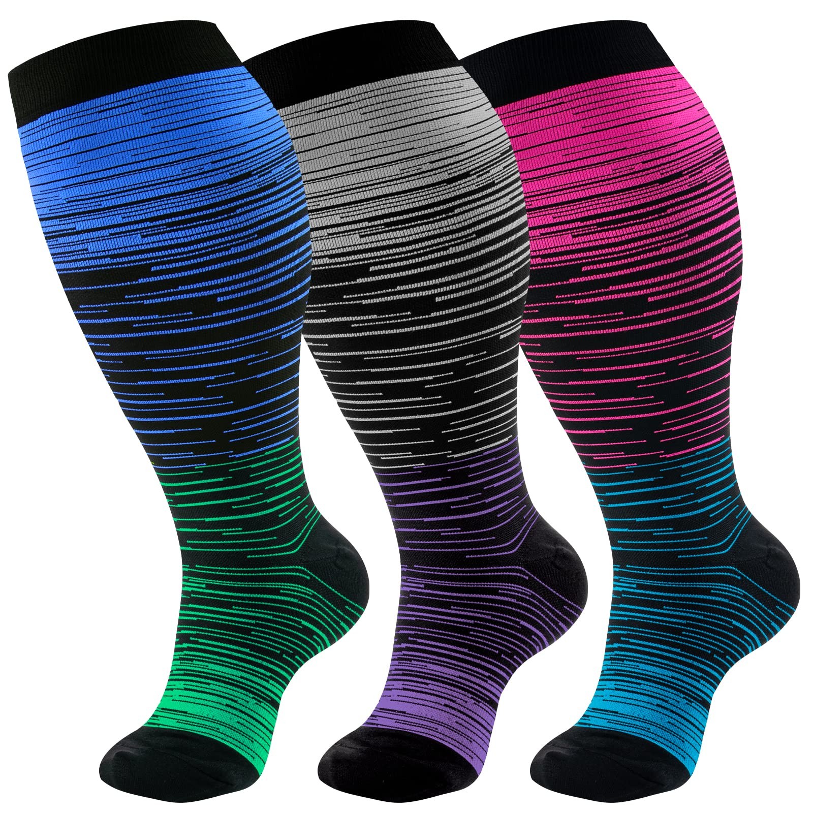 3 Pairs Plus Size Compression Socks Extra Wide Calf Women&Men 20-30mmHg Suppo…
