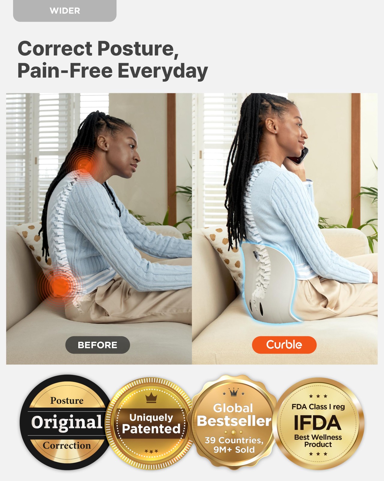 Curble Wider Ergonomic Desk Chair Seat Cushion, Everyday Passive Posture