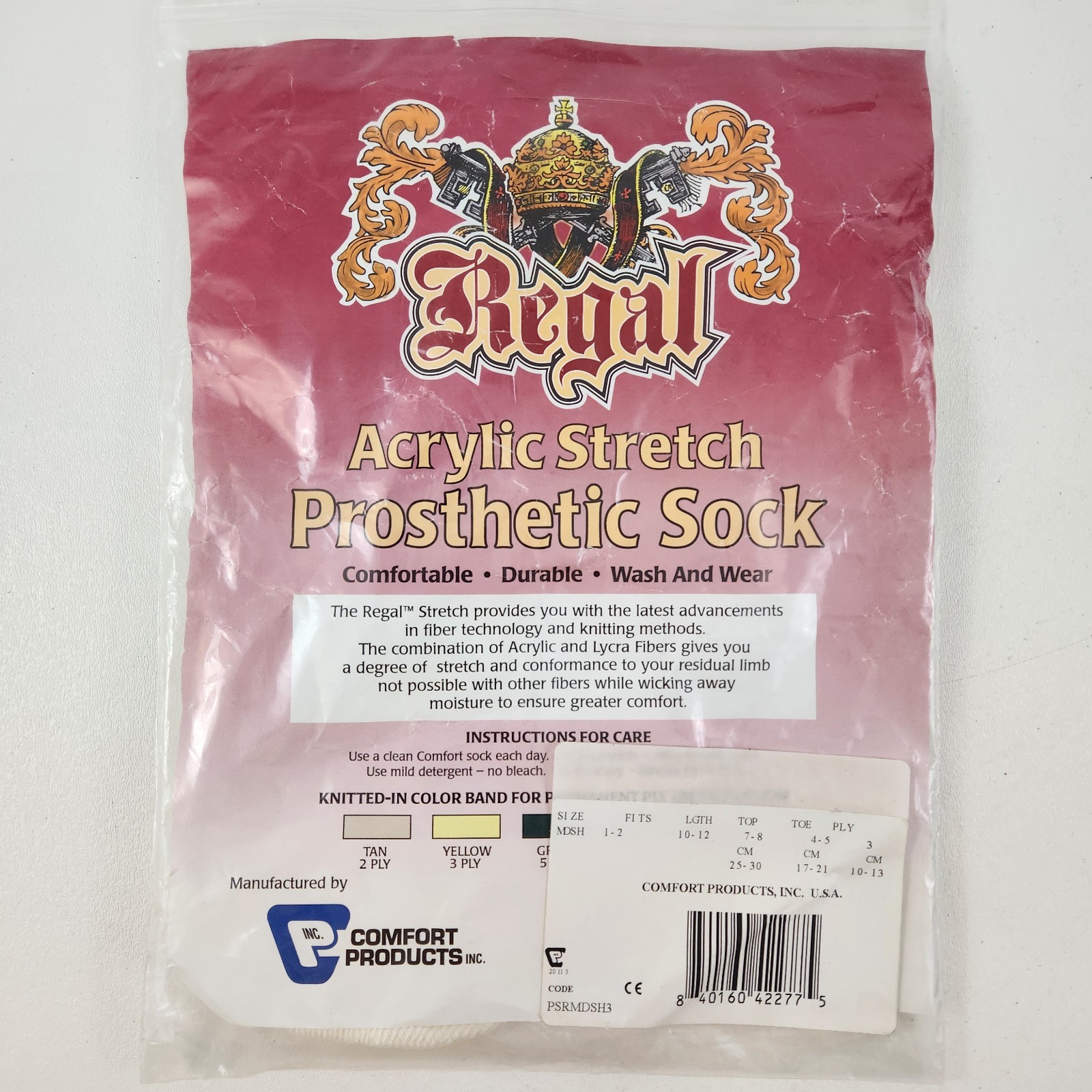 Regal Prosthetic Sock Mens Sz Fits 1-2 Length 10-12 Acrylic Stretch 3 Ply