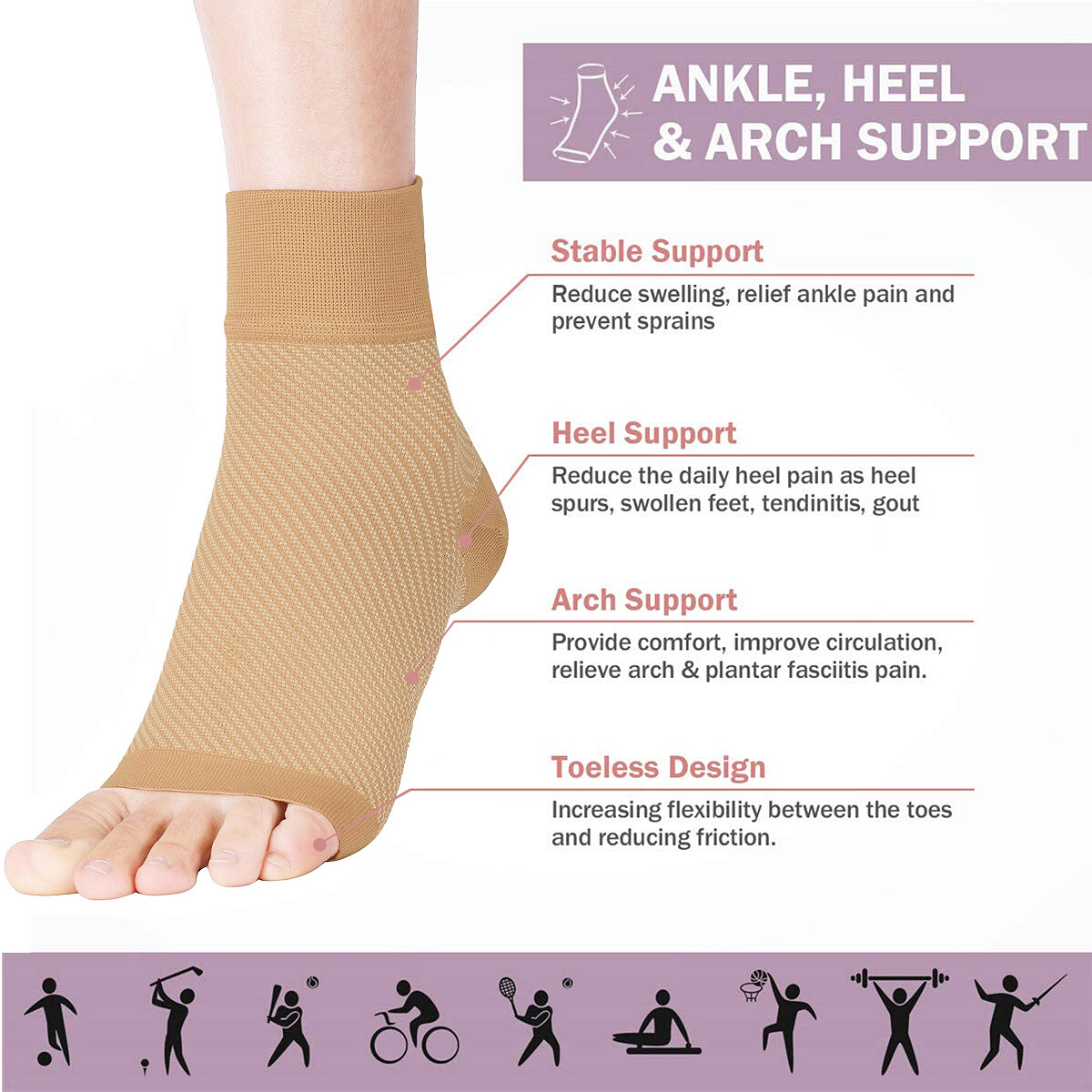 Unisex Plantar Fasciitis Socks, Ankle Brace Compression Sleeves-Beige