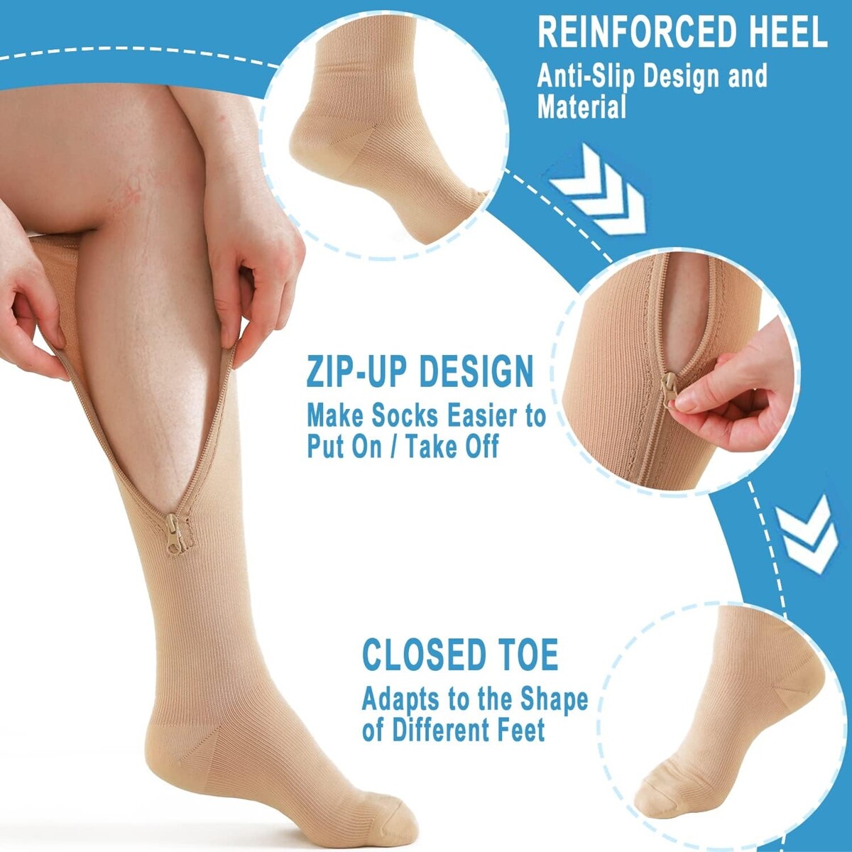 Zip Up Compression Socks 20-30mmHg Black Leg Zipper Surgical Stockings Unisex