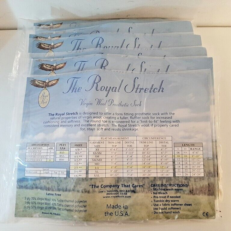 Royal Stretch Prosthetic Virgin Wool Sock, Size Large, RS3, Latex Free, Lot of 7