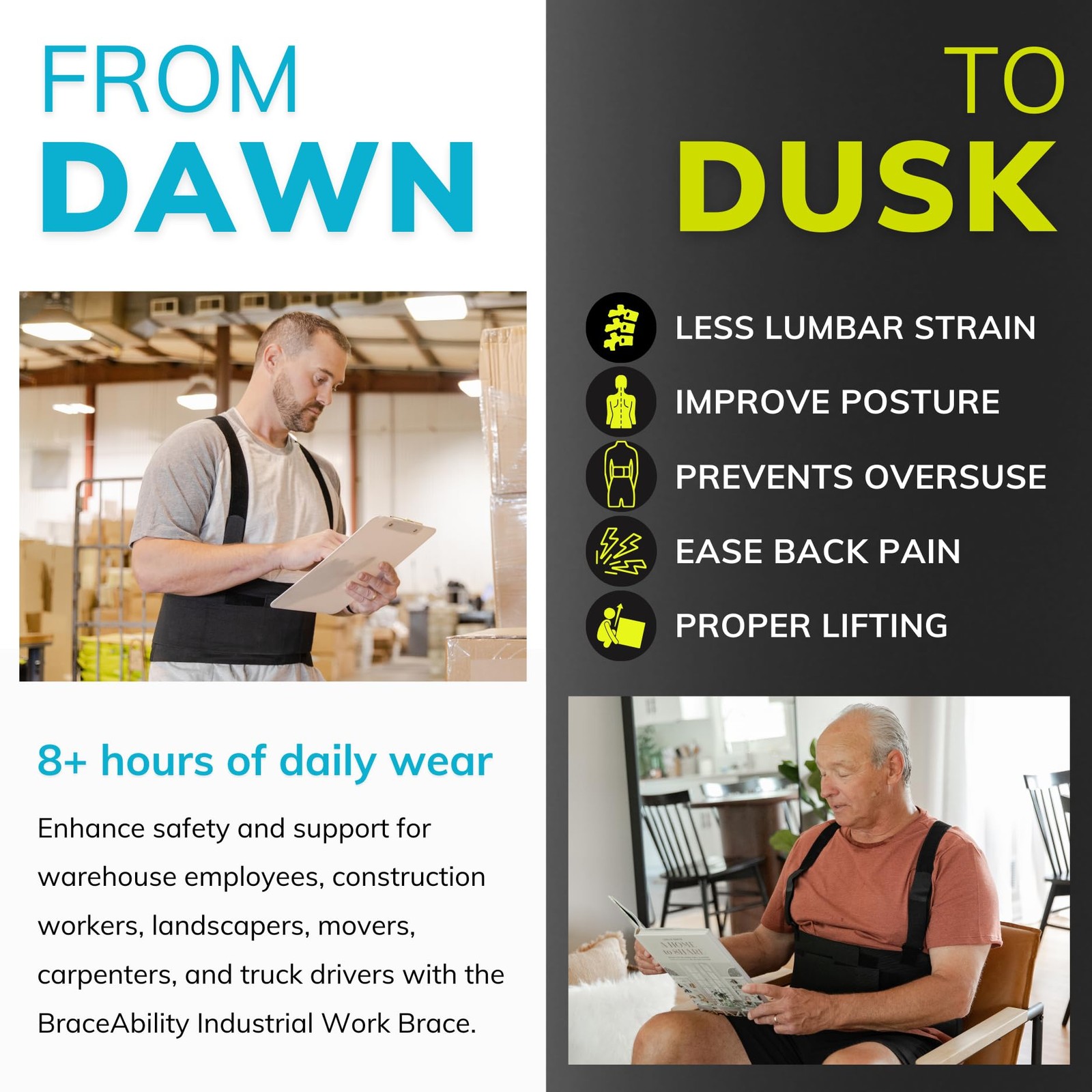 Work Back Brace – Removable Suspender Shoulder Straps for Heavy Lifting Safet…