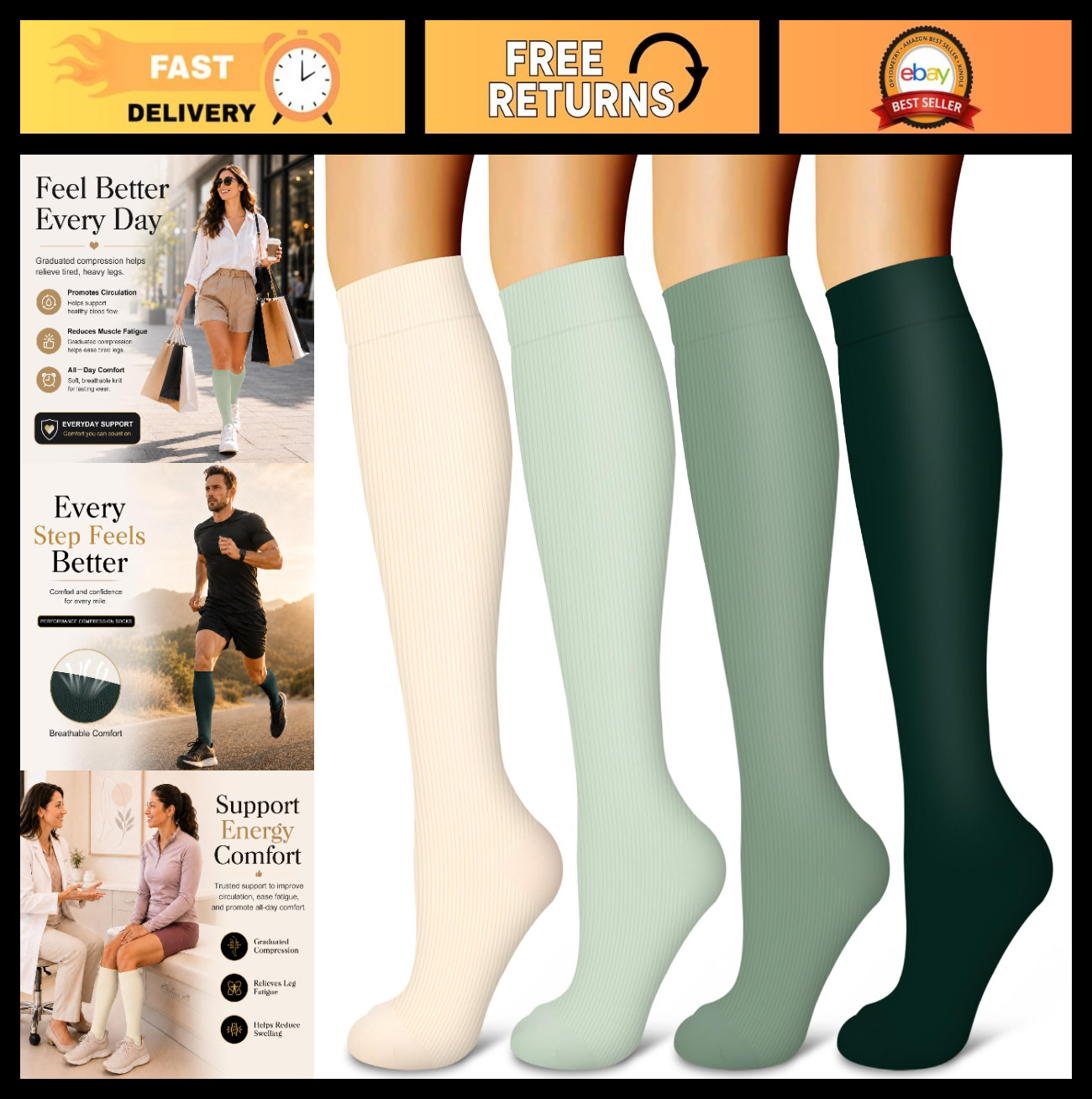 4 Pairs Compression Socks for Men & Women – Best Support for Running, Nurses, At