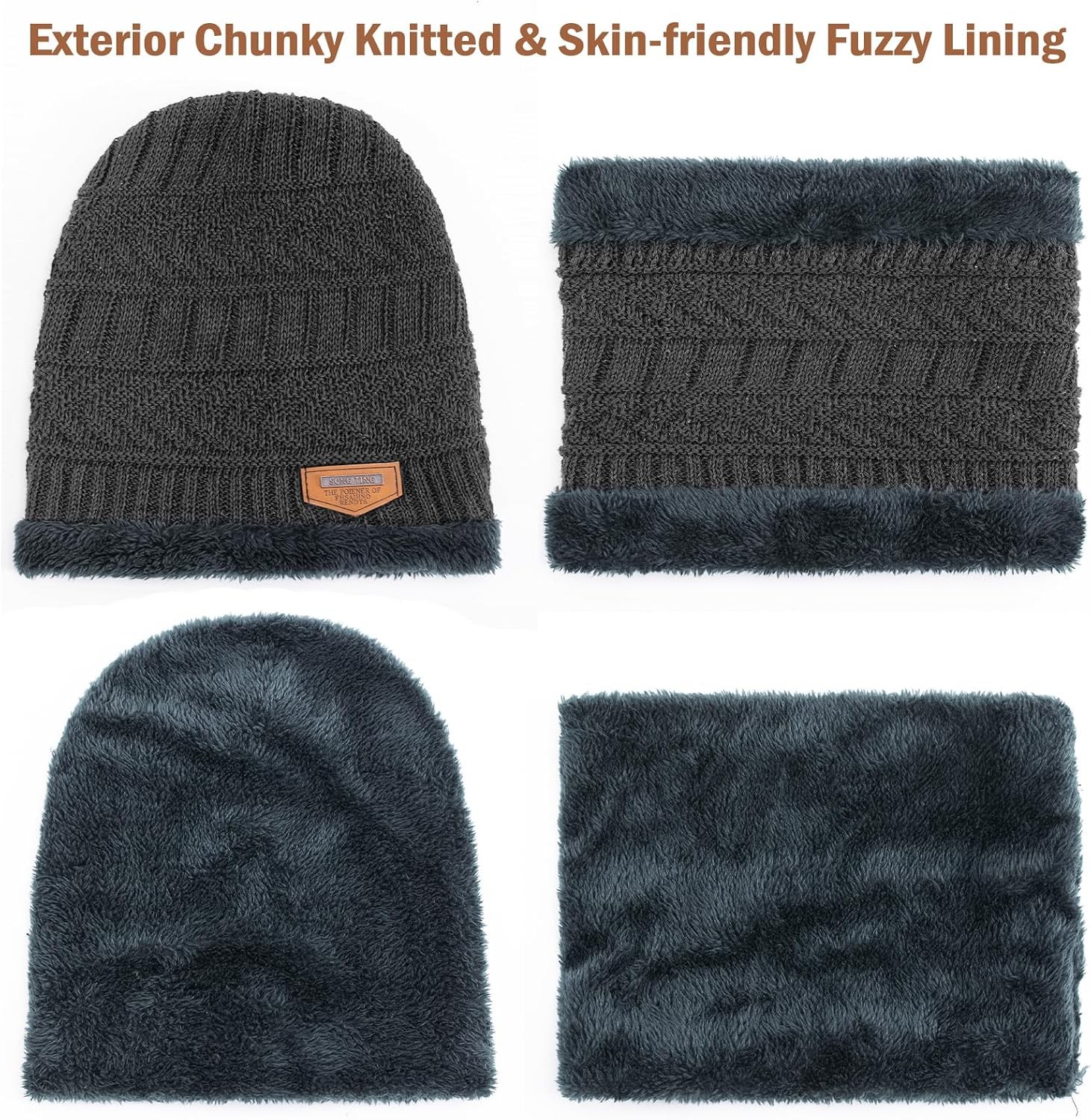 Winter Beanie Hat Circle Scarves Touchscreen Gloves Set, Warm Thick Fleece Lined