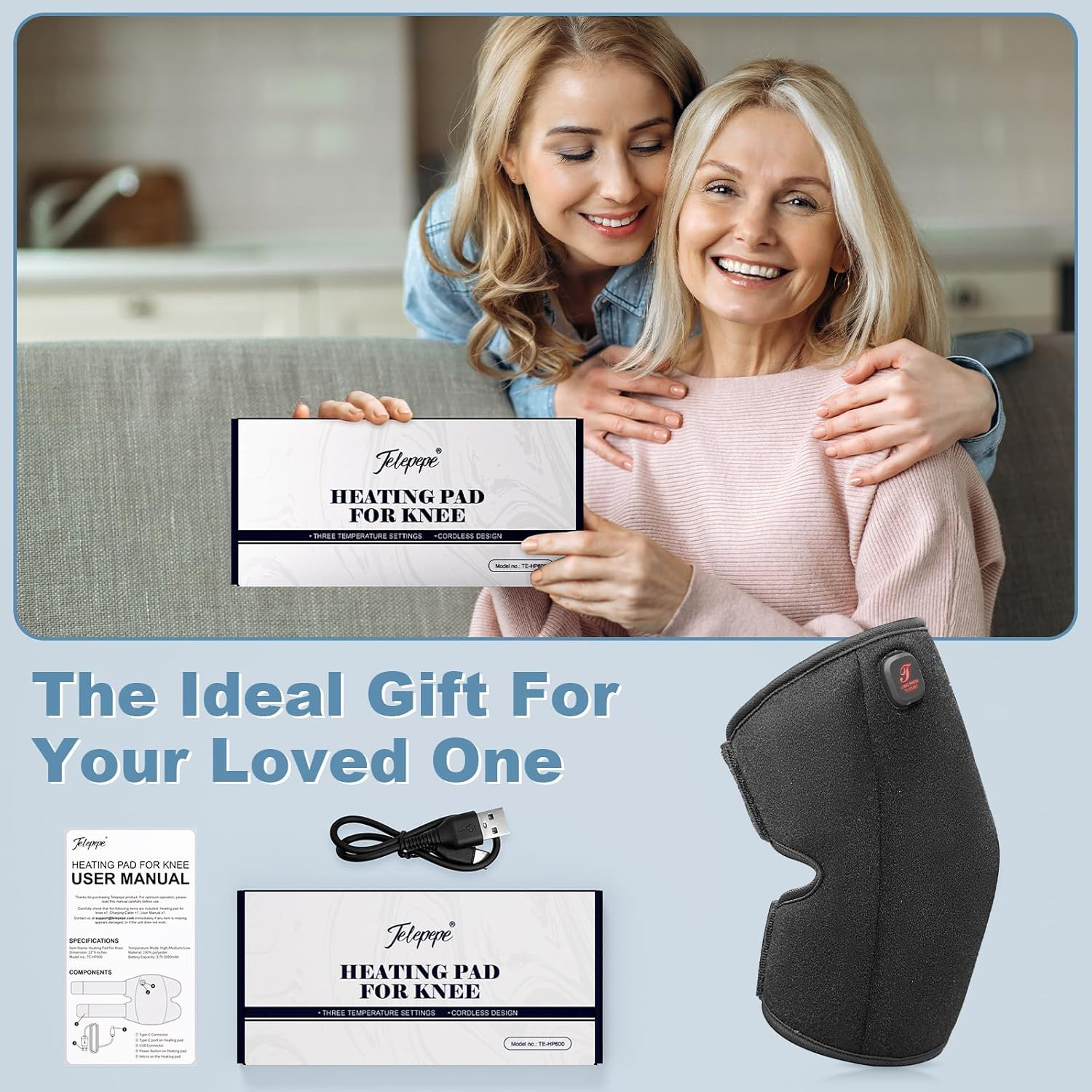 Heated Knee Brace, Cordless Knee Heating Pad for Arthritis, 3 Temperature Modes