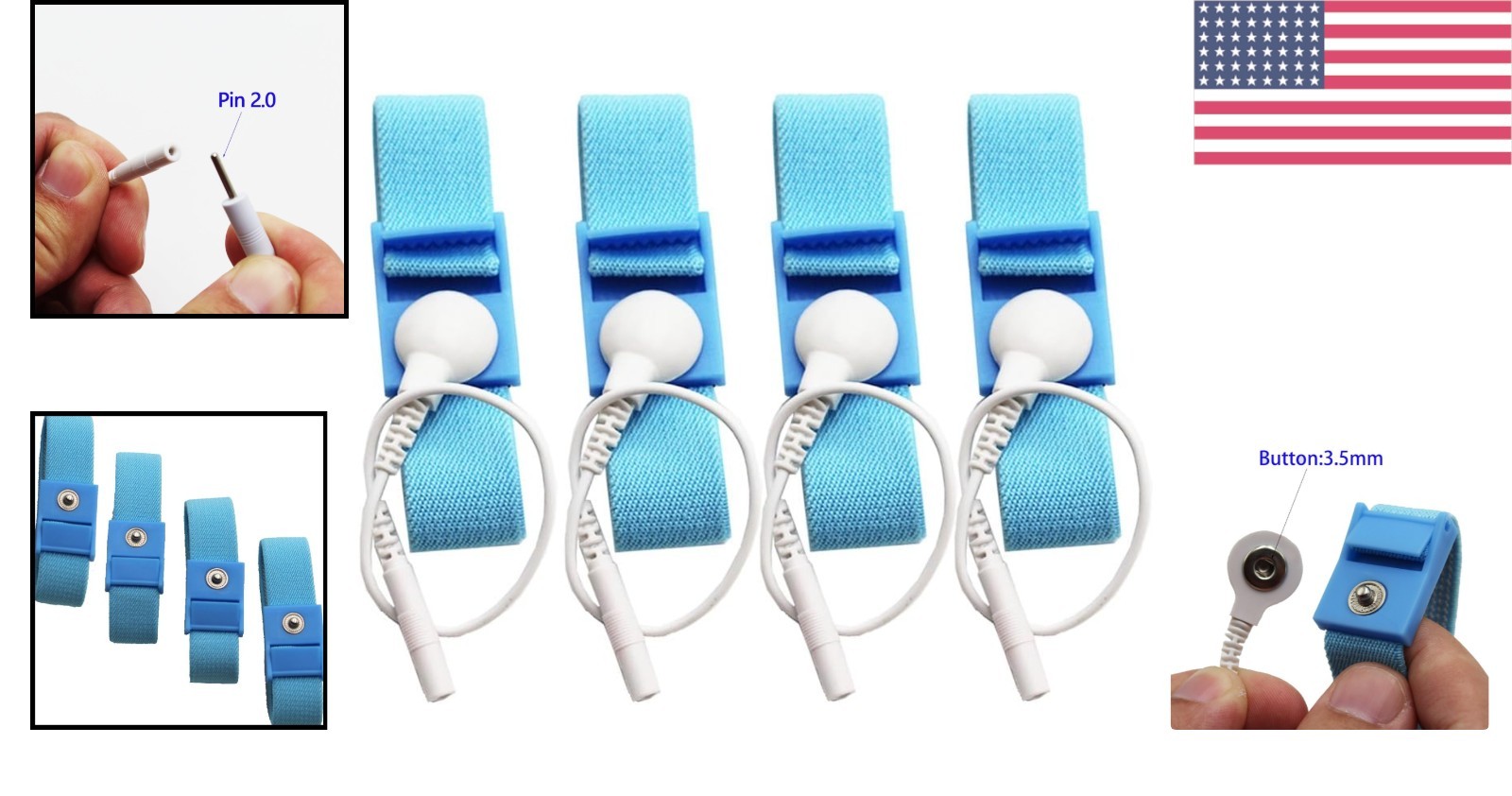 Adjustable Estim Wrist Strap Set: 4 Blue Stim Loops & 4 White Wires Included