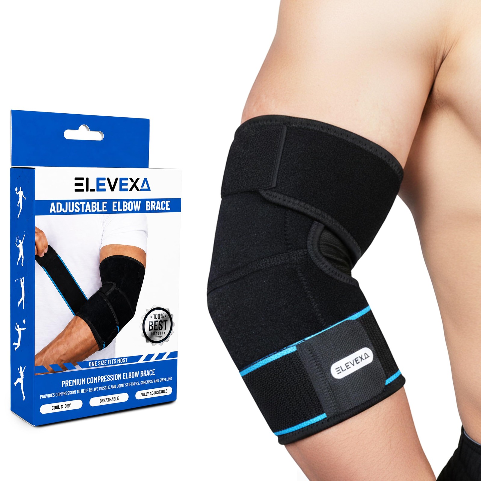 Adjustable Elbow Brace| Double Strap Compression One Size, Black-Blue