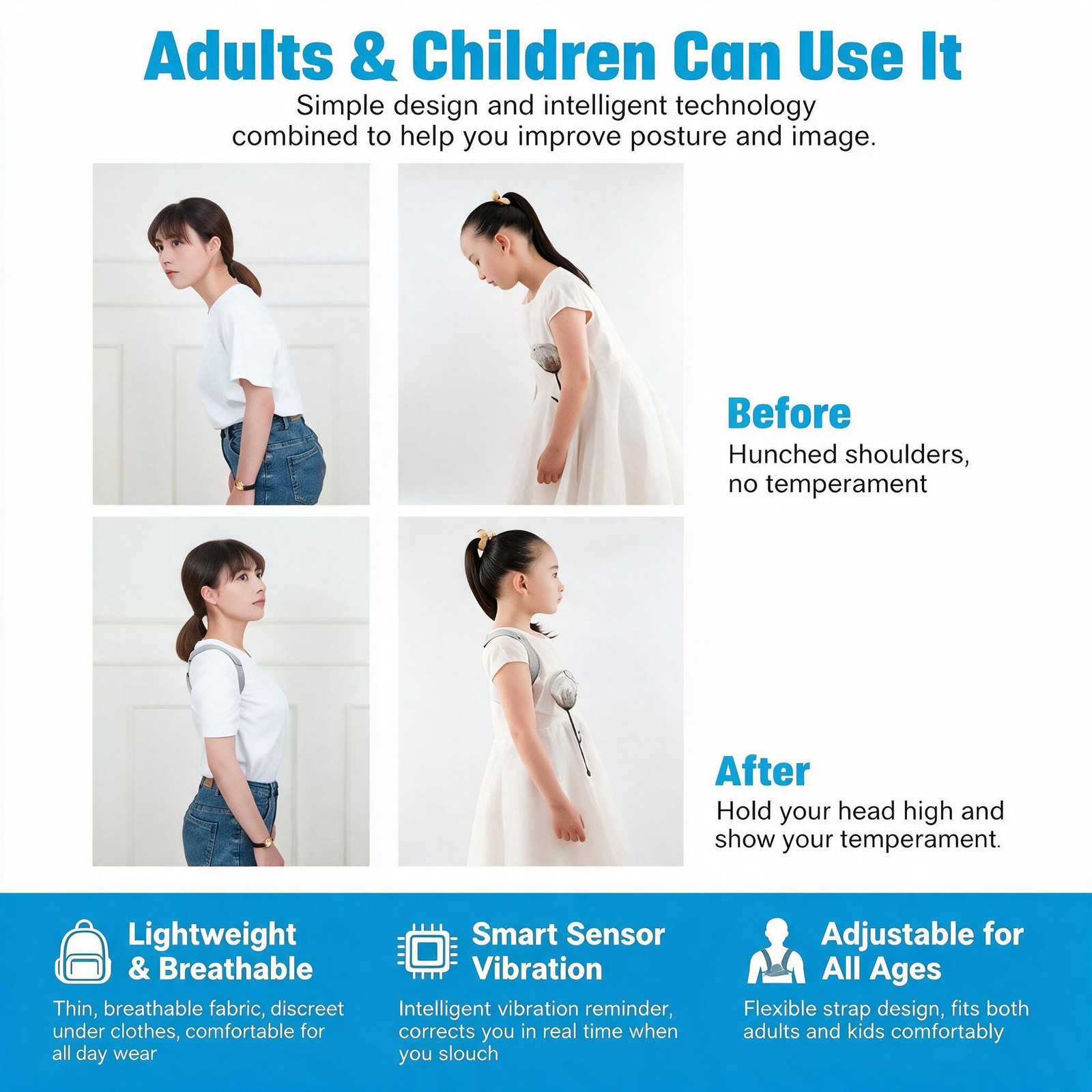 Smart Vibrating Posture Corrector Sensor Back Brace Adjustable Alignment Trainer