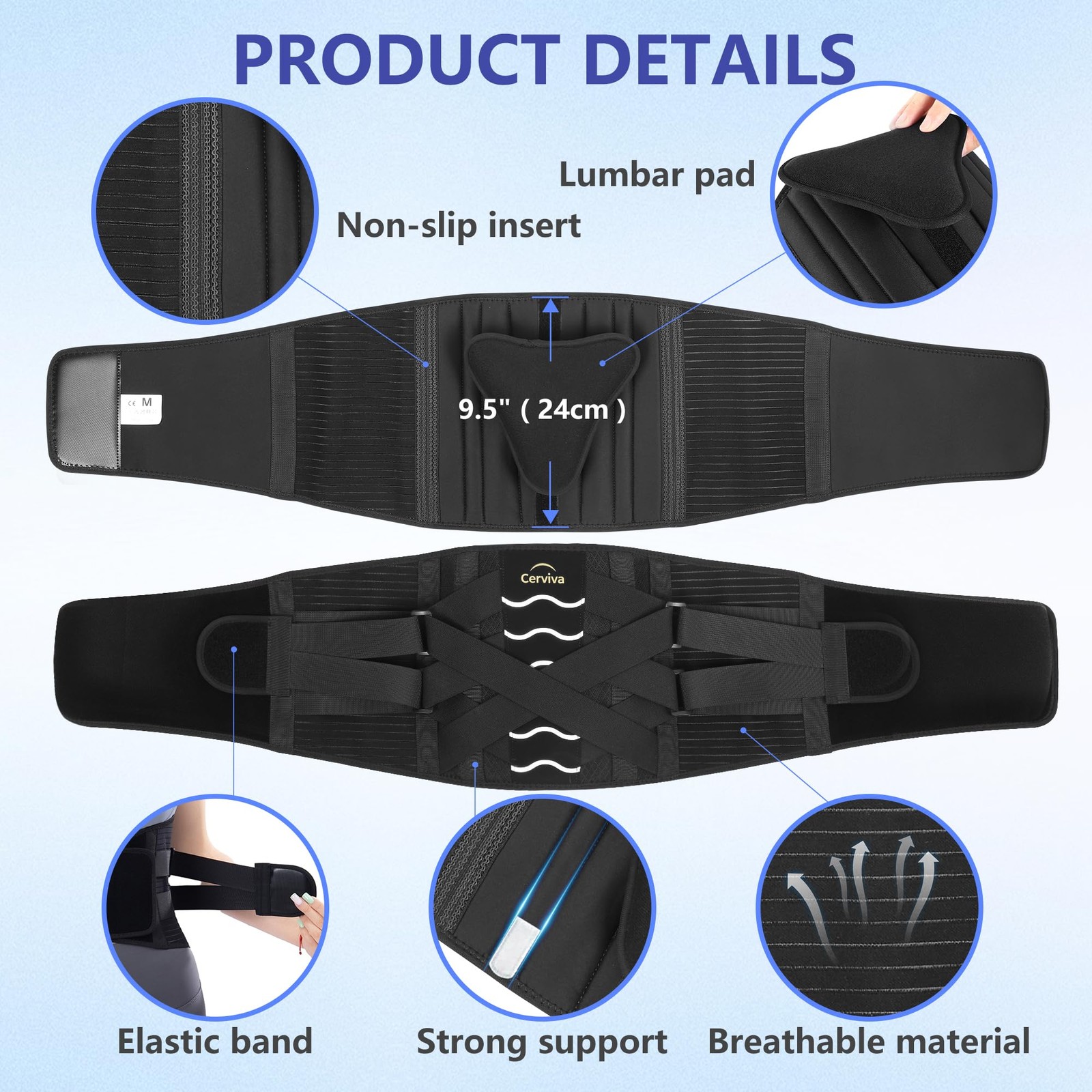 Cerviva Back Brace Support Belt-Lumbar for Medium（29.5“-35.4), Black
