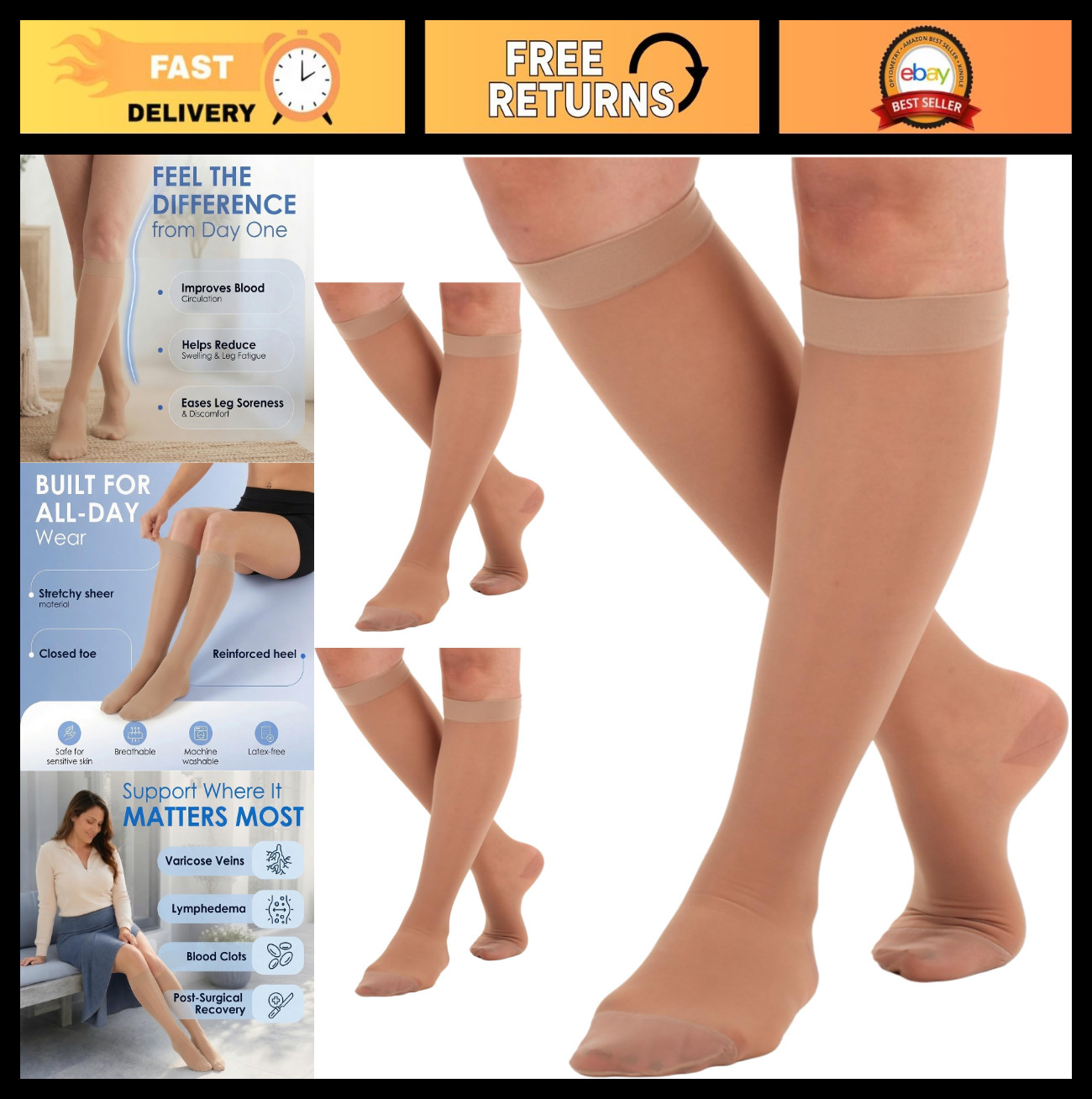 Sheer Compression Socks 15-20mmHg – 3 Pairs, Beige, Knee High, Women’s Support f