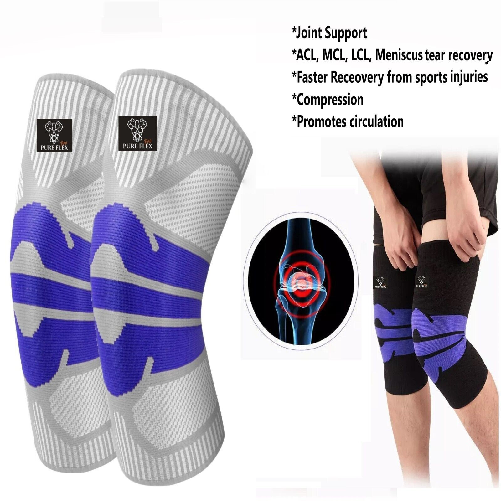 Knee Brace Compression Sleeve Support Sports Recovery ACL LCL MCL Blue/Grey L
