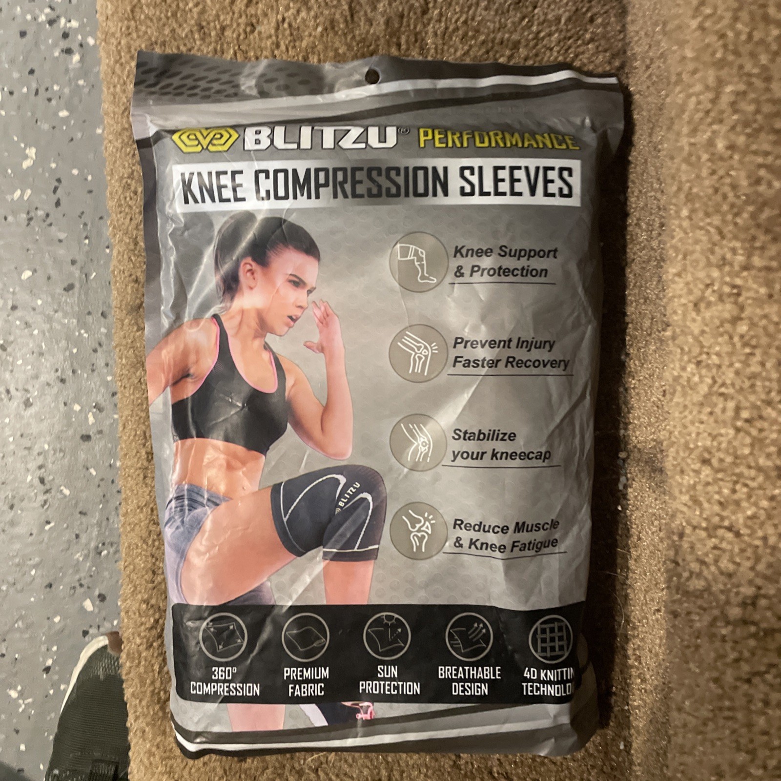 BLITZU Performance Running Knee Compression Sleeves (1 Piece) Jet Black Large