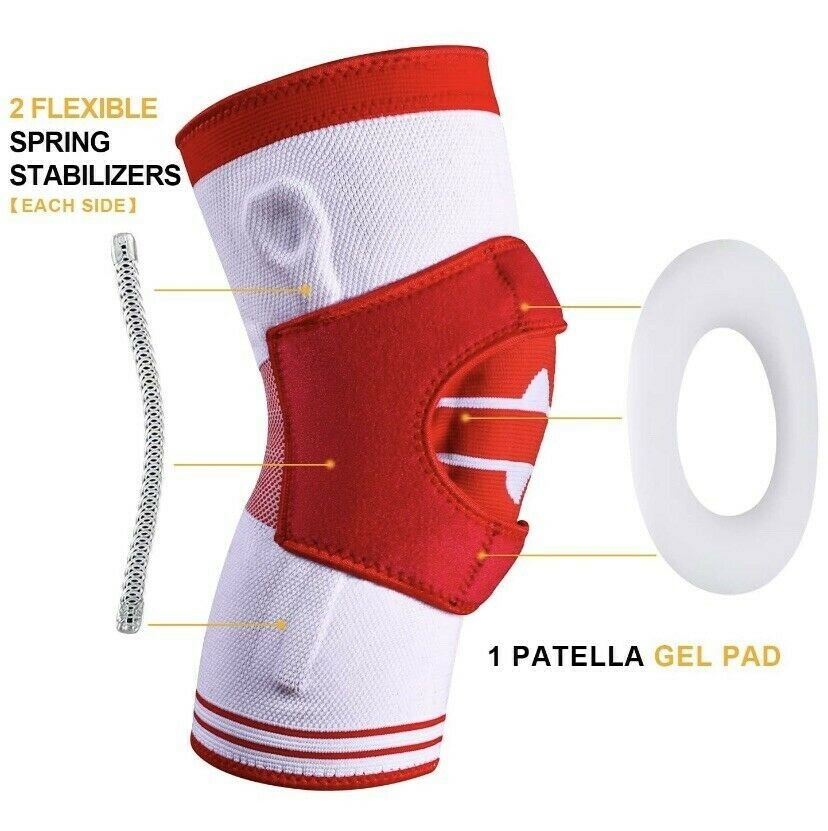 Knee Compression Sleeve Brace w Side Stabilizers, Patella Gel Pads (MEDIUM, Red)