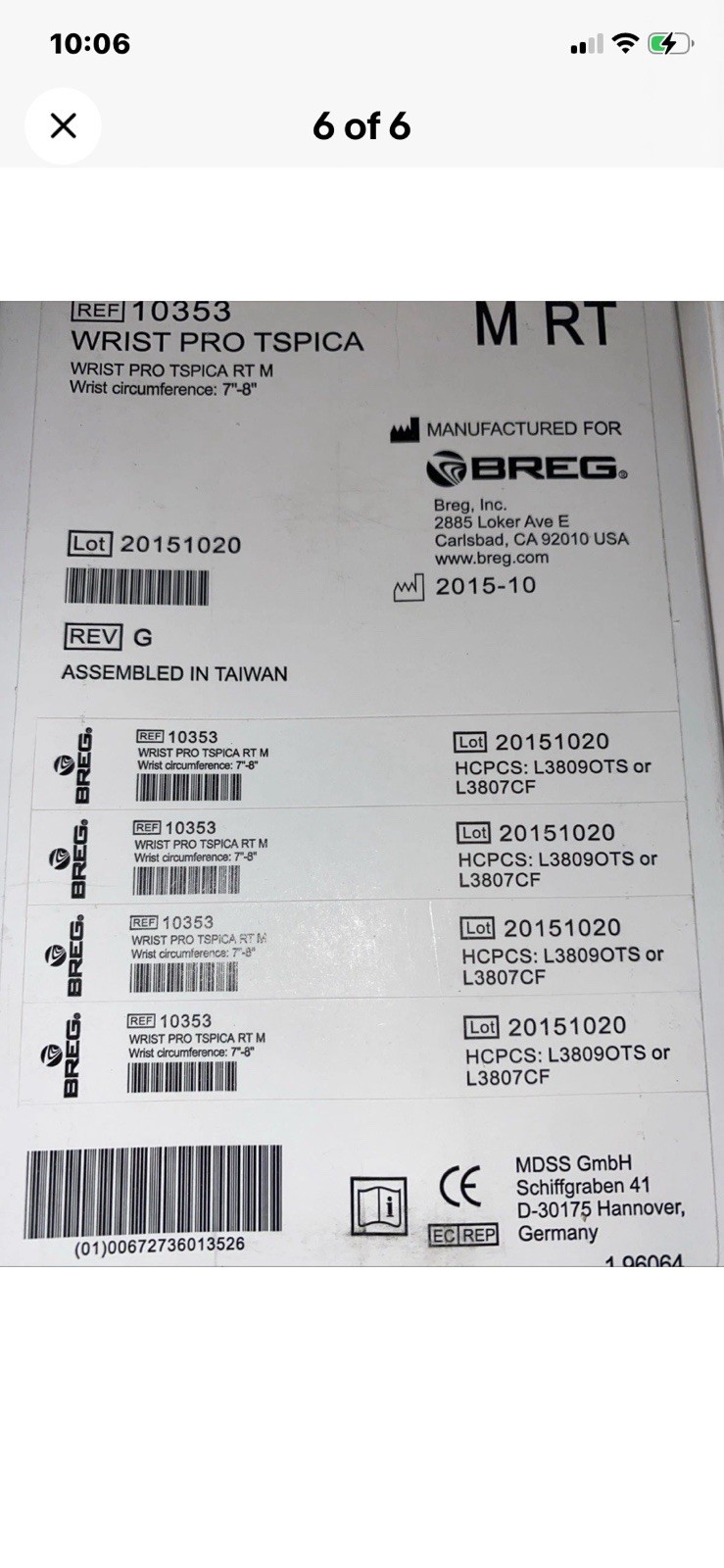 BREG Wrist PRO TSPICA Brace Size Medium RIGHT Wrist with Thumb Spica 7-8” NEW
