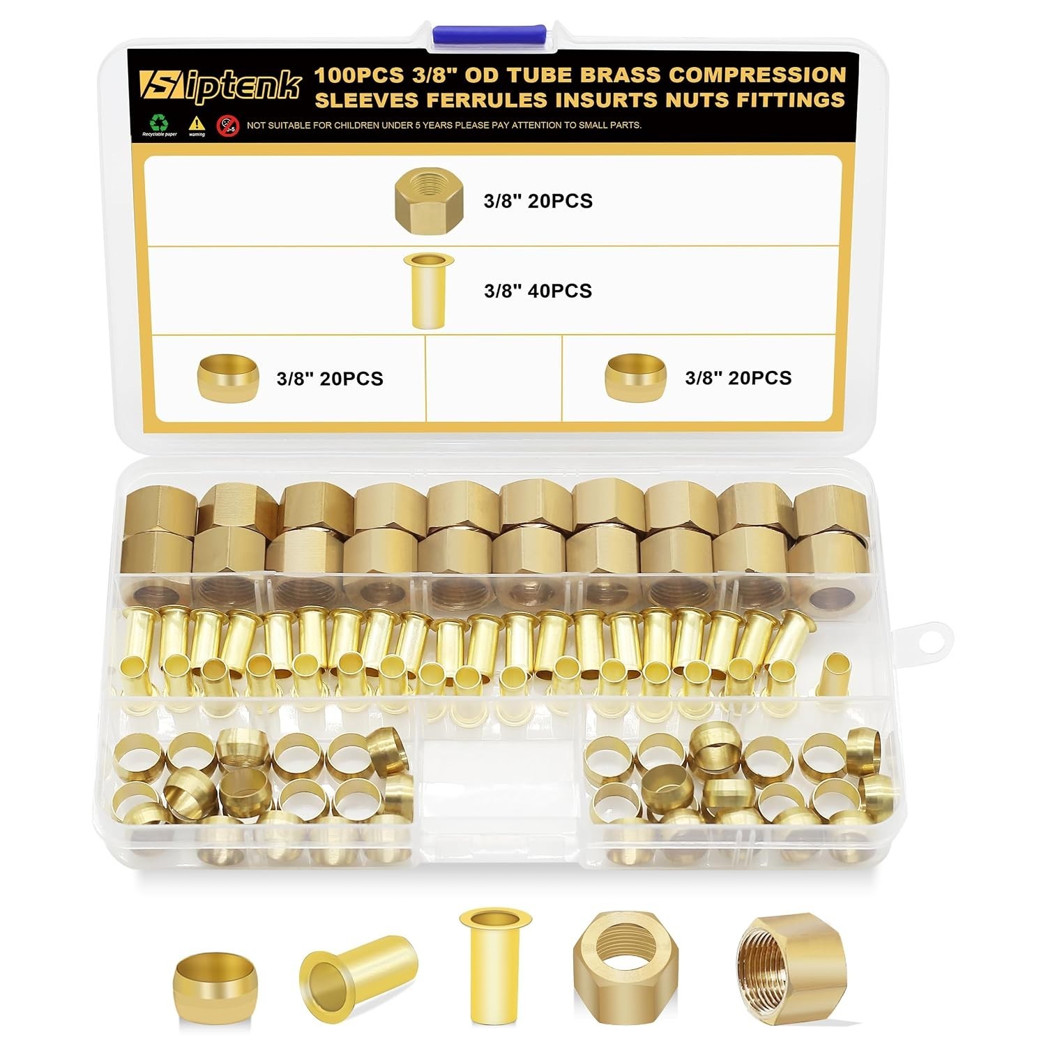 Complete 100PC Brass Compression Fitting Set: Ferrules, Inserts & Nuts Included