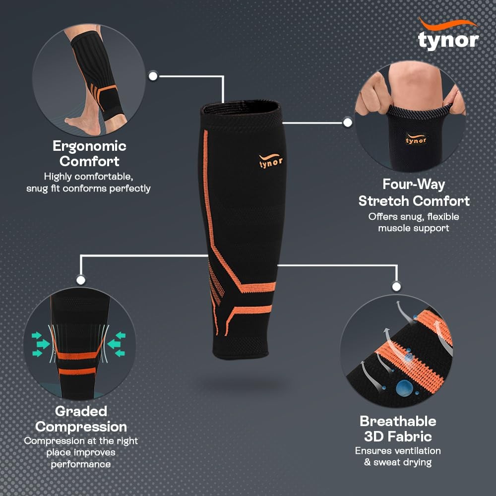 TYNOR Calf and Shin Support Air Pro, Black & Green, Medium, 1 Pair