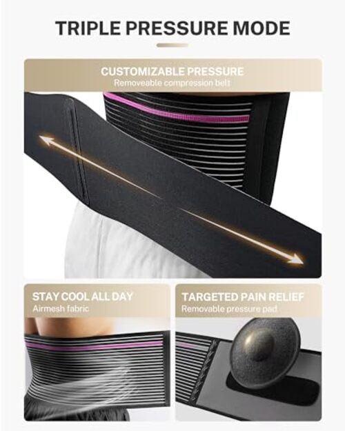 Umbilical hernia belt with pressurized strap for XXL Black with Pink Stripes