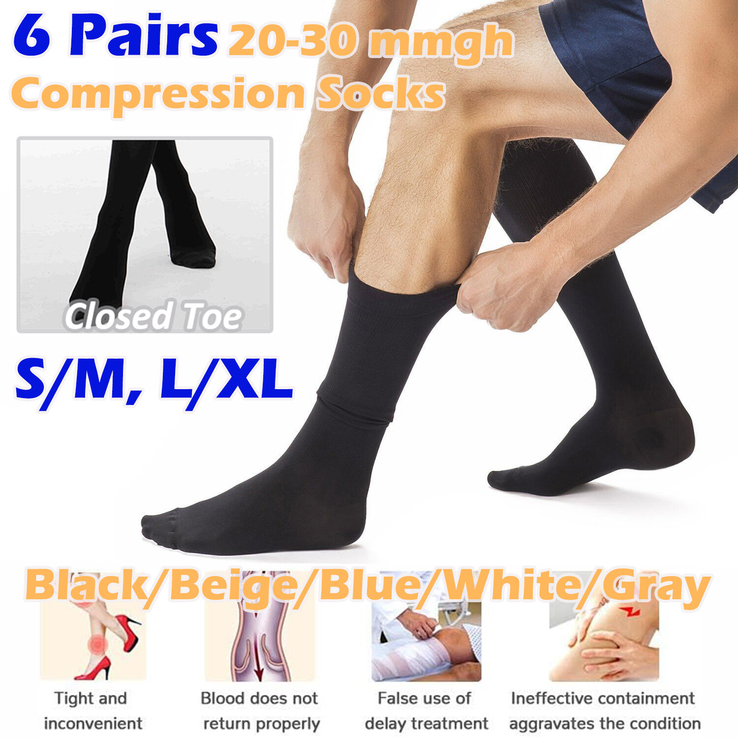 6Pair Compression Socks Graduated Support Performance Running Stocking Men Women