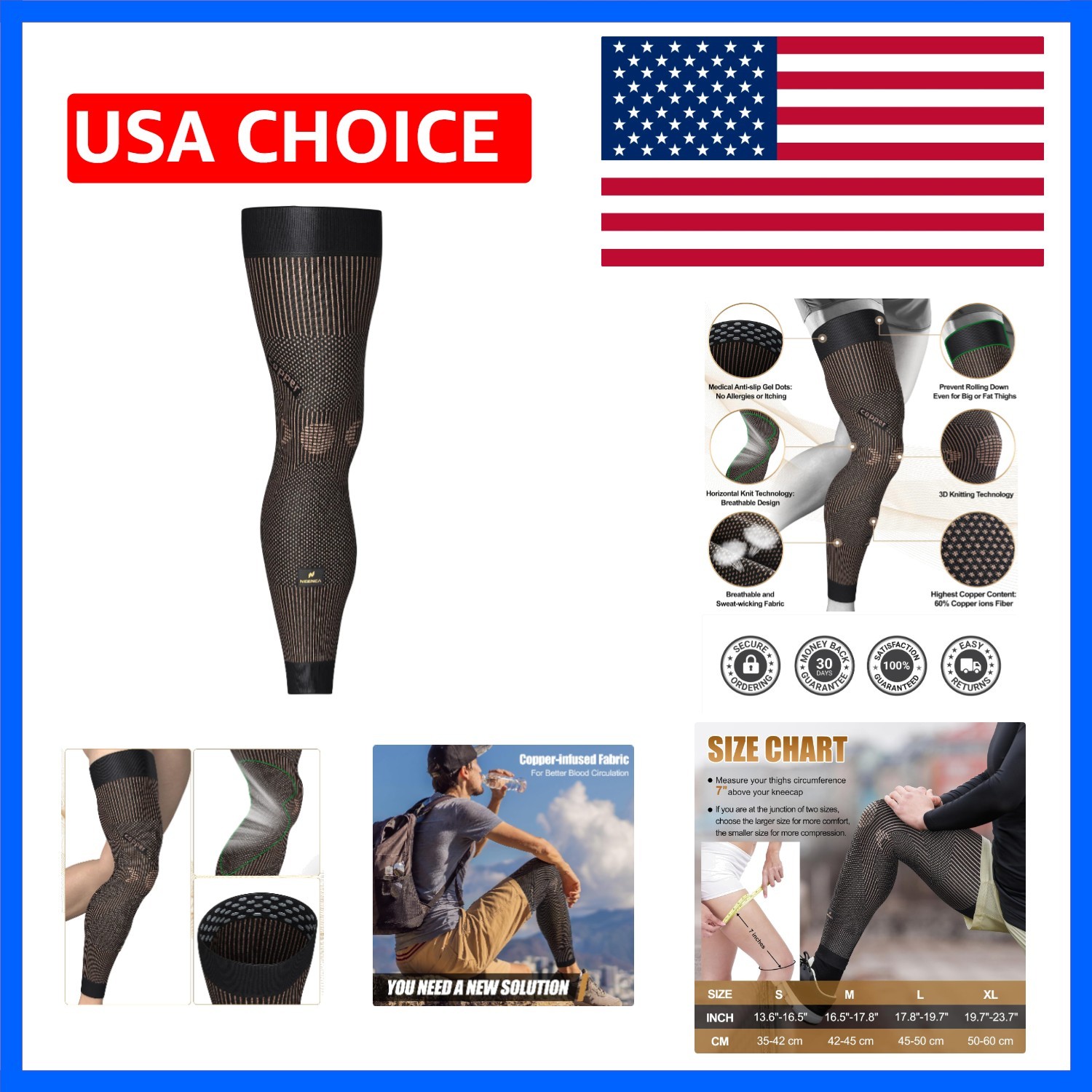 Copper Compression Leg Sleeve, Ultra-thin with Copper Ions Infused | Full Leg…