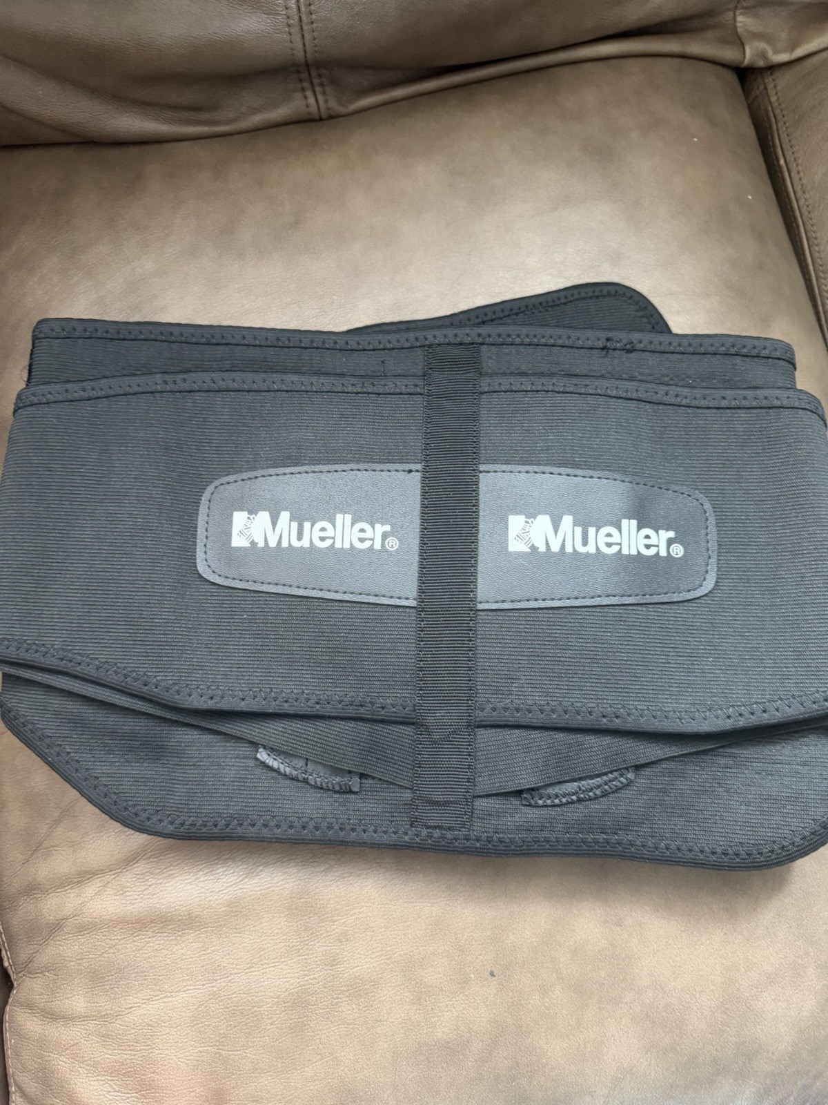 Mueller Adjustable Back Support Belt Brace One Size Black/Gray Blue Strap