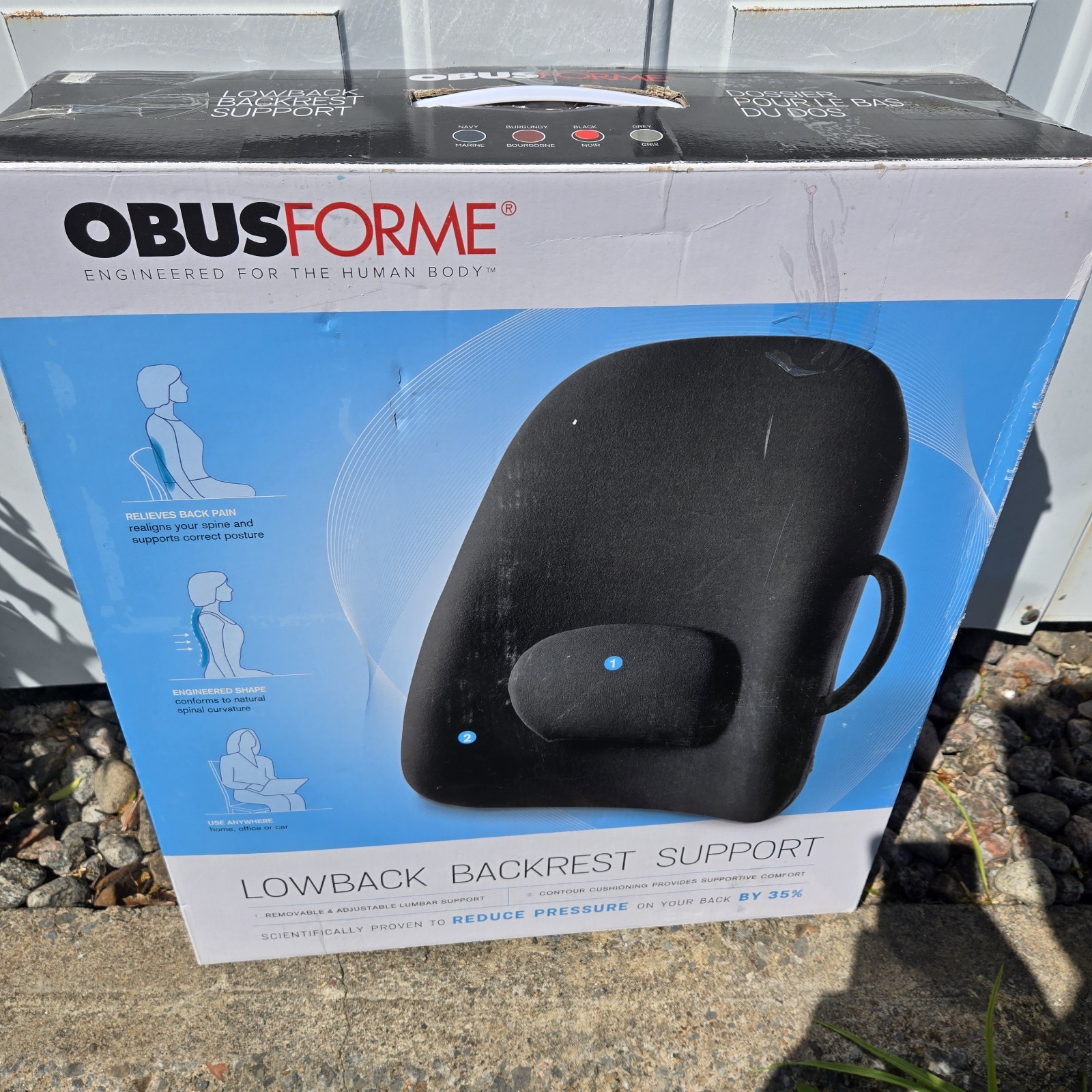 ObusForme Black Lowback Backrest Support Ergonomic Lumbar Support Cushion In Box
