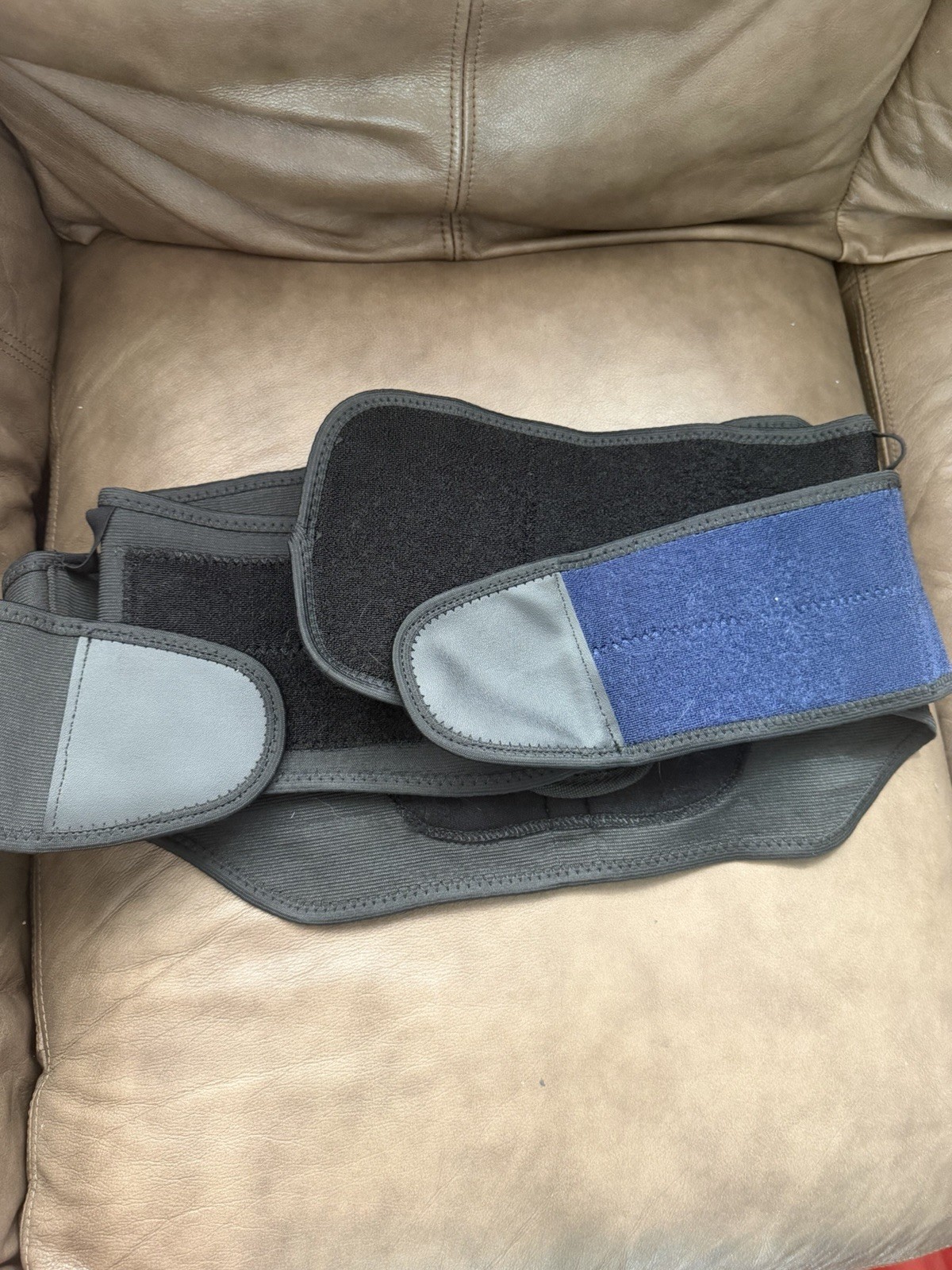 Mueller Adjustable Back Support Belt Brace One Size Black/Gray Blue Strap