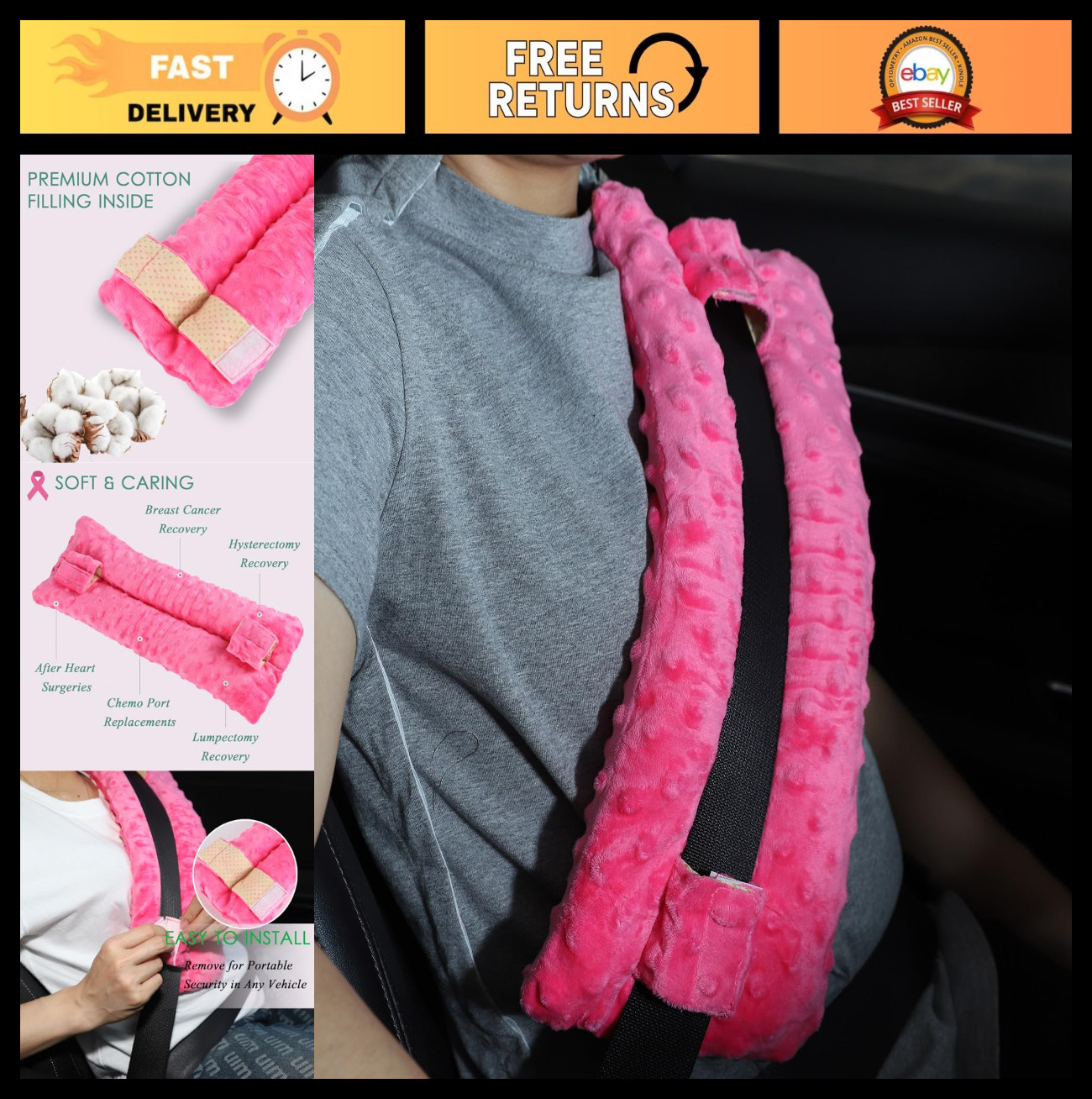 Mastectomy Surgery Pillow – Post-Op Seat Belt Cushion for Breast Cancer & Recove