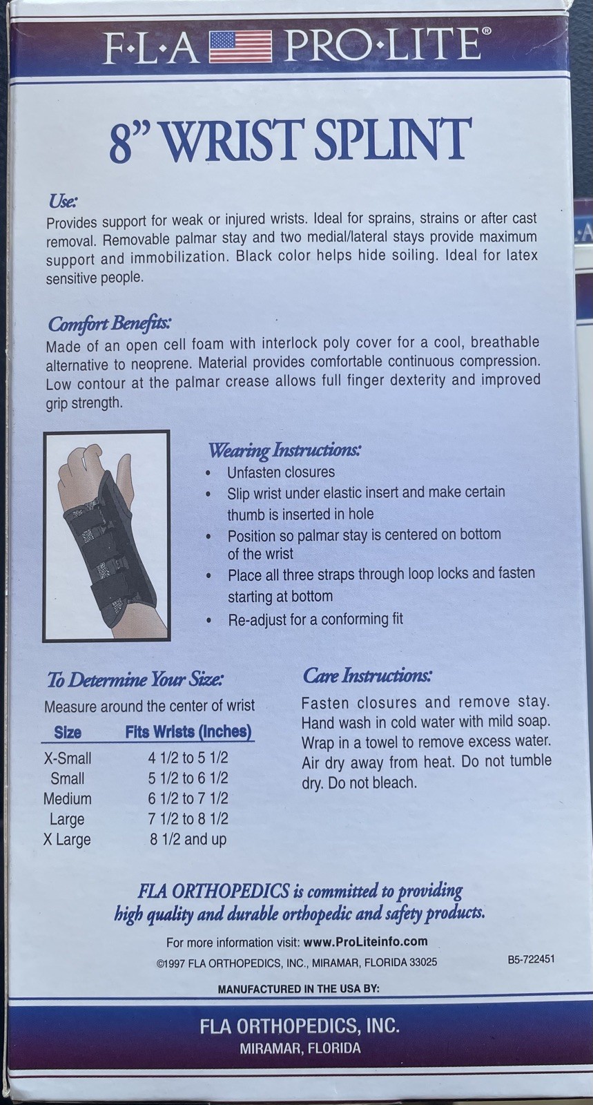 FLA Pro-Lite 8″ Wrist Splint Black right Hand X-Large