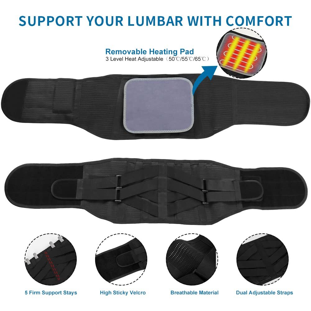 Heated Lower Back Brace for Back Pain, Back Support Belt with Heat & Metal Stays