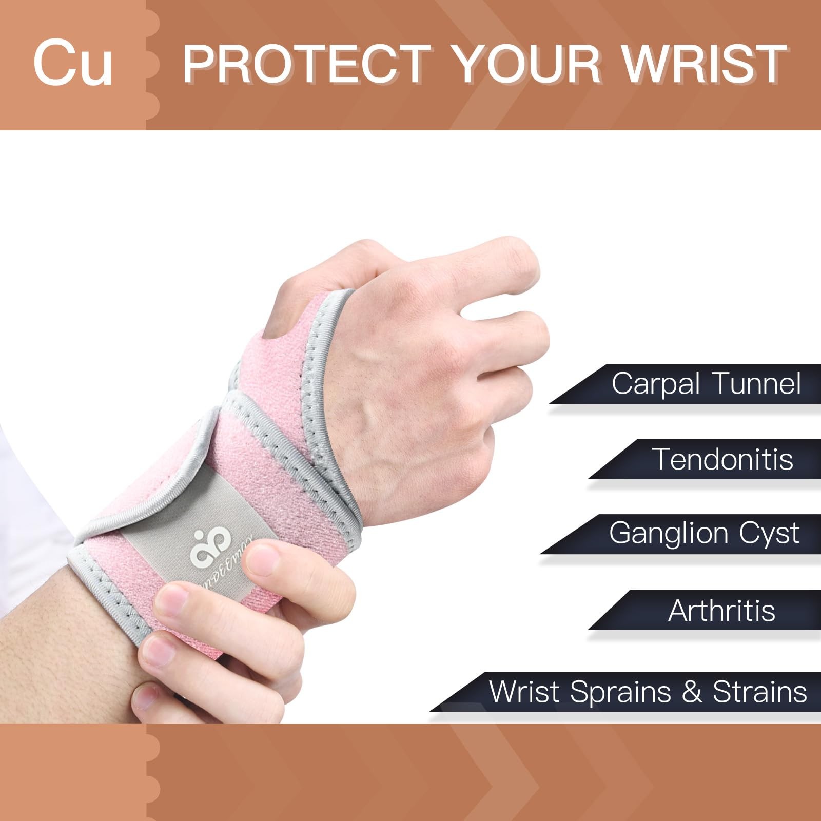 2 Pack Copper Wrist Brace Support for Carpal Tunnel, Pain Relief, Arthritis, …