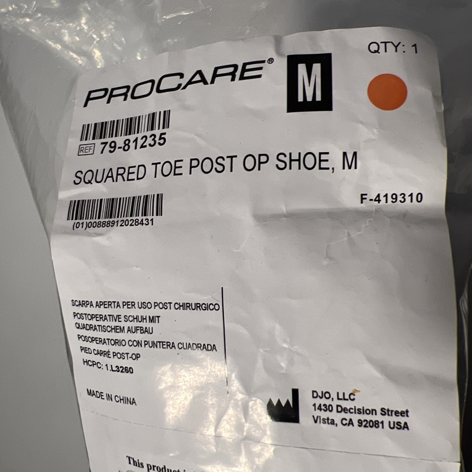 DJO Global ProCare Squared Toe Post Op Shoe Size Medium 79-81235 Black Germany