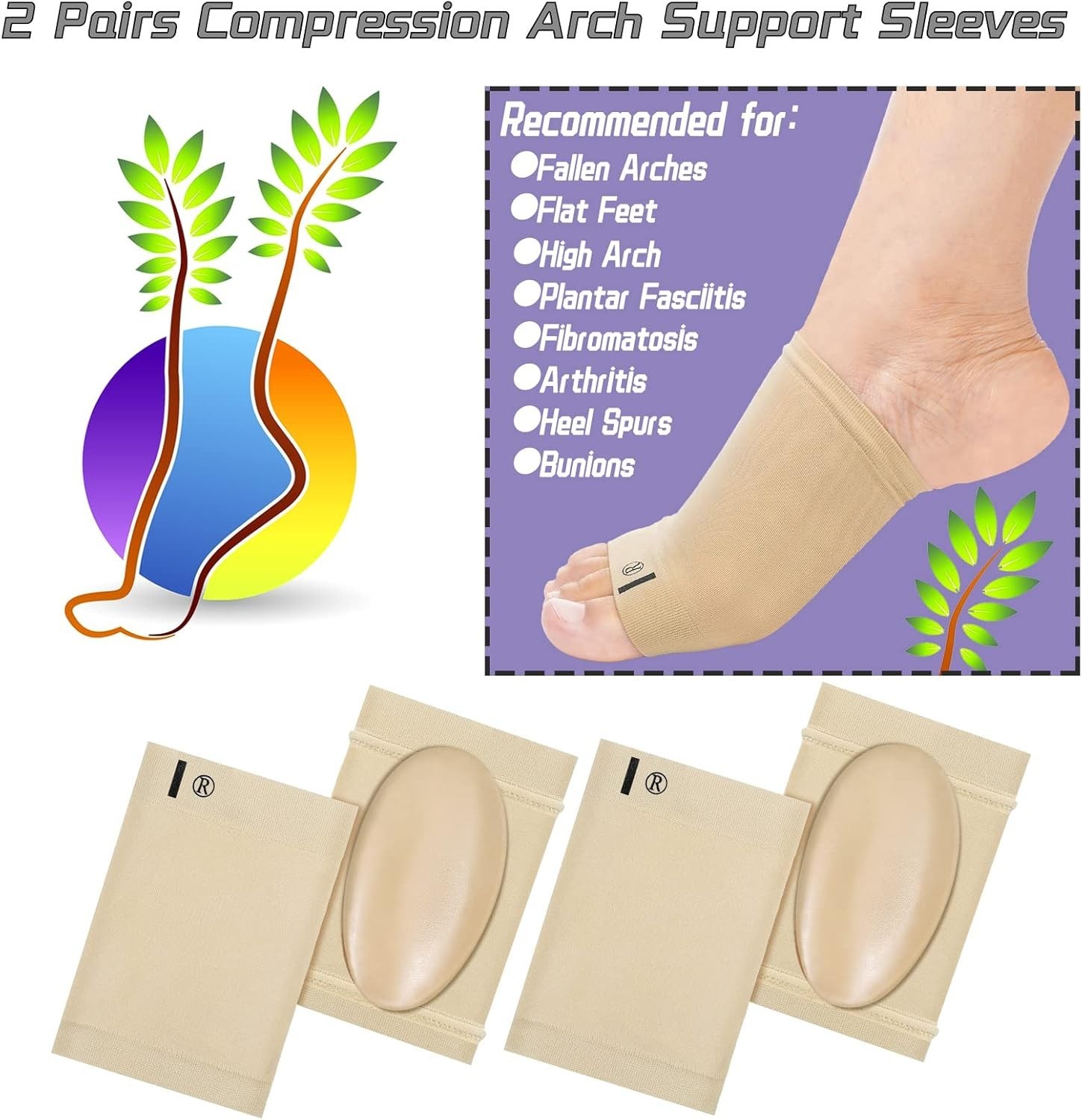 4 Pcs Arch Support Compression Sleeves Flat Foot Gel Pad Metatarsal Brace Relief