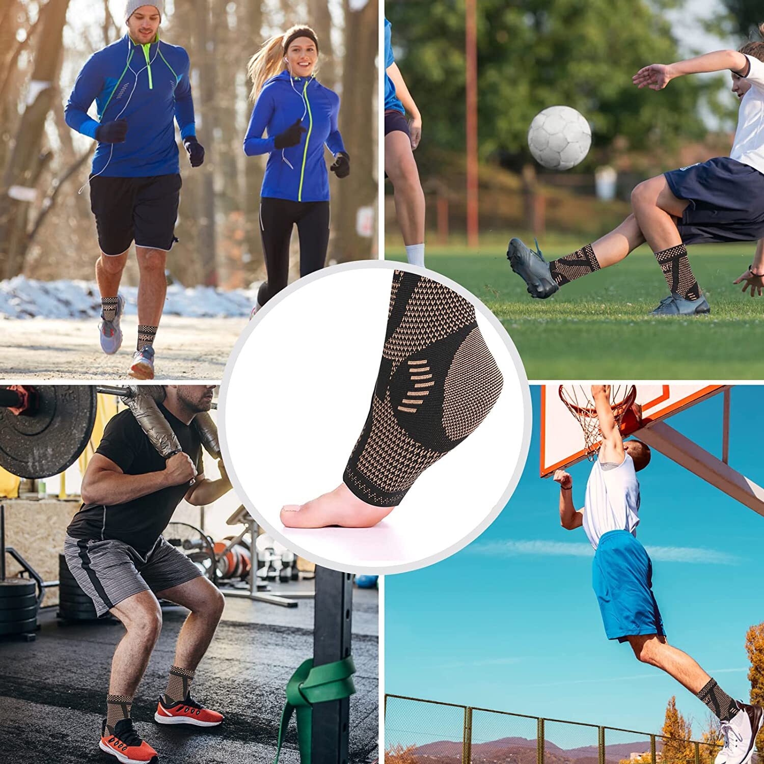 Copper Ankle Support Brace Compression Sleeve Plantar Sports Wrap Foot Fasciitis