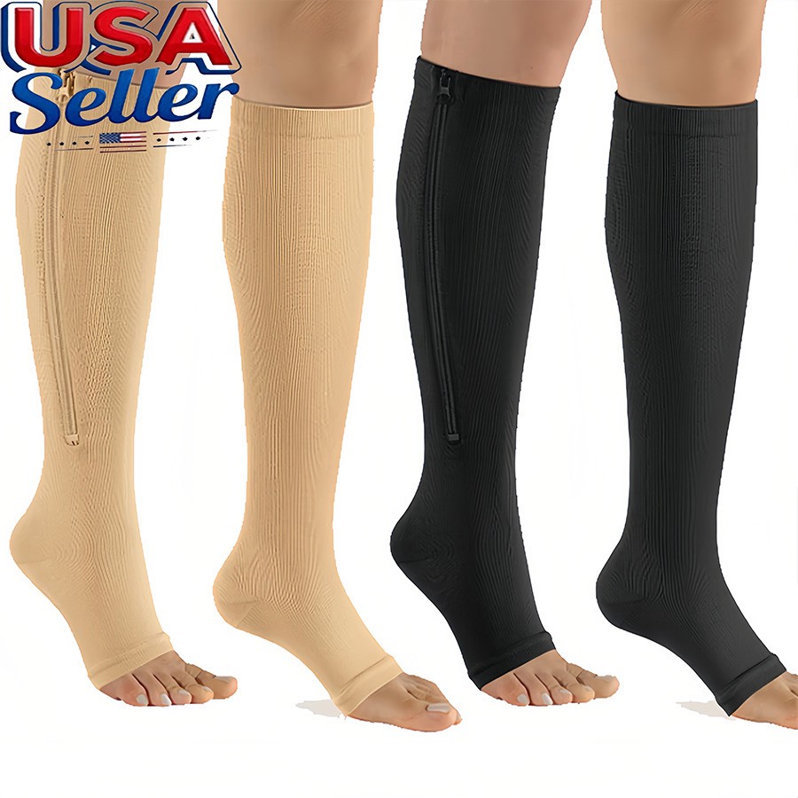 1/3Pair Zip Up Compression Socks with Zipper Support Leg Knee Stockings Open Toe