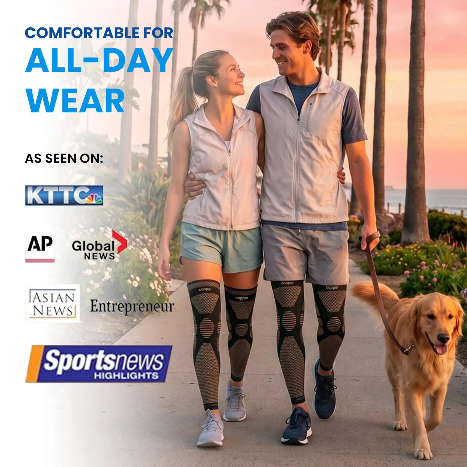 Copper Fiber Full Leg Compression Sleeves, 20-30Mmhg Graduated Support with 4-Wa