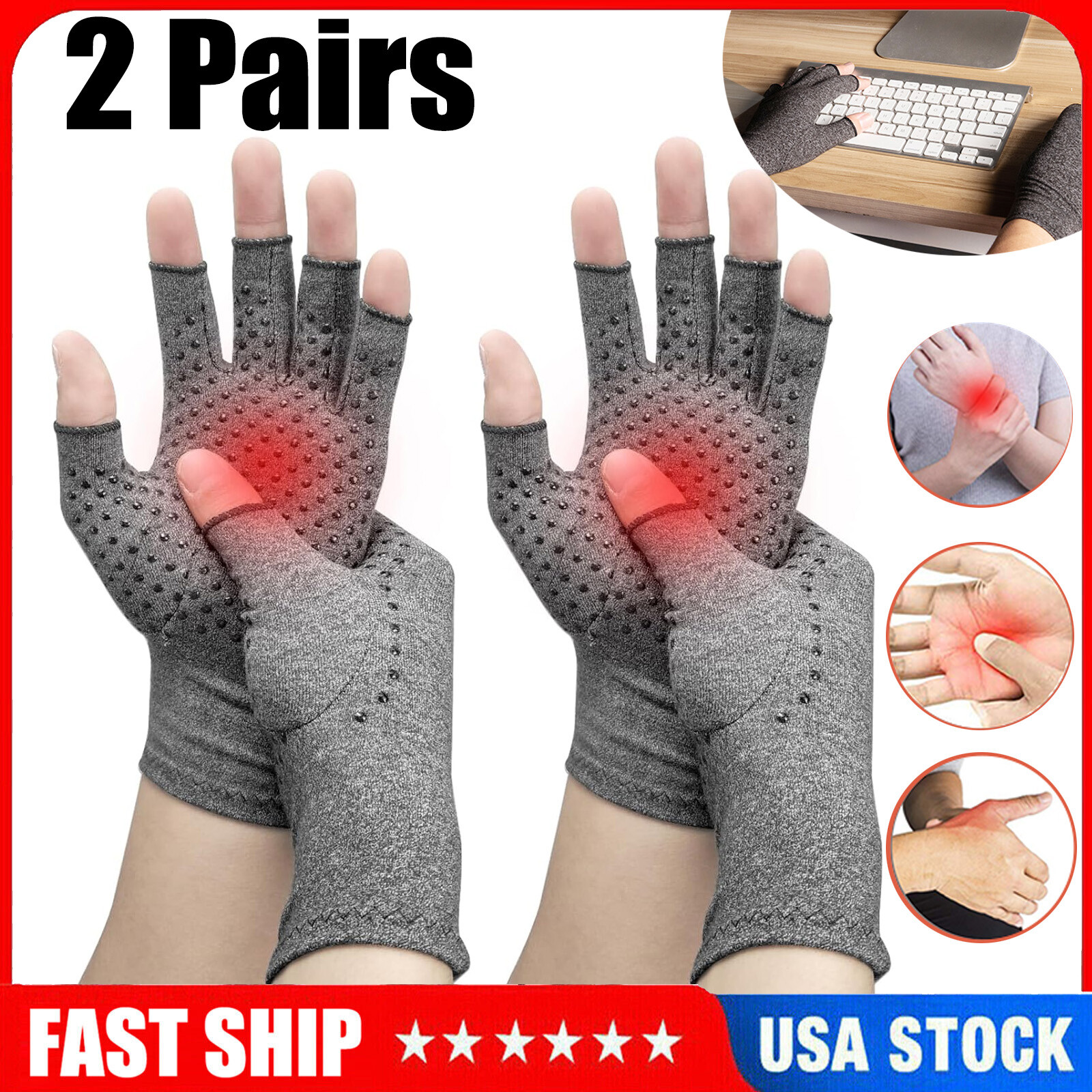 2 Pairs Arthritis Compression Gloves Medical Arthritis Pain Relief Hand Support
