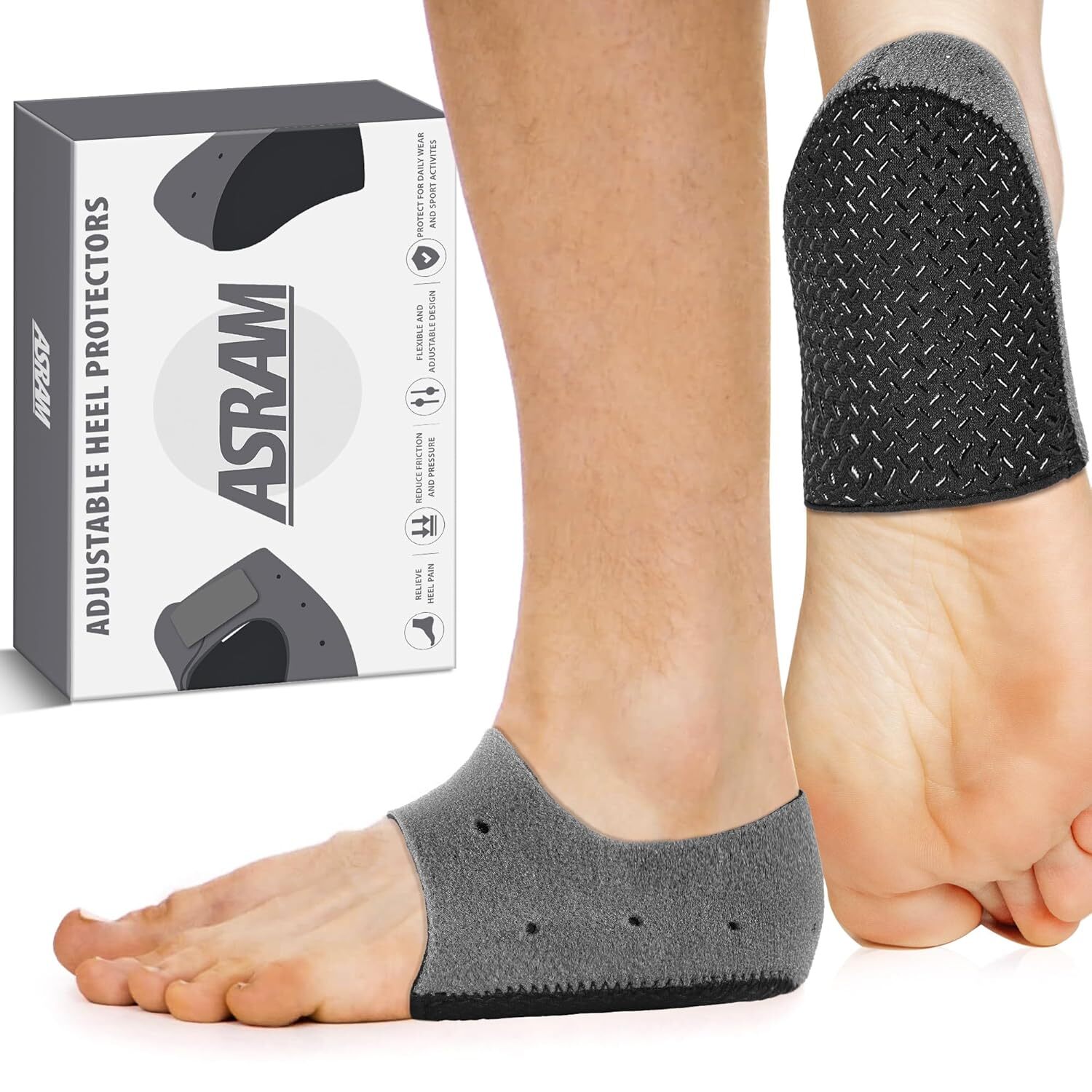 NIB ASRAM Plantar Fasciitis Pair of Adjustable Gray Heel Sleeve Protectors L