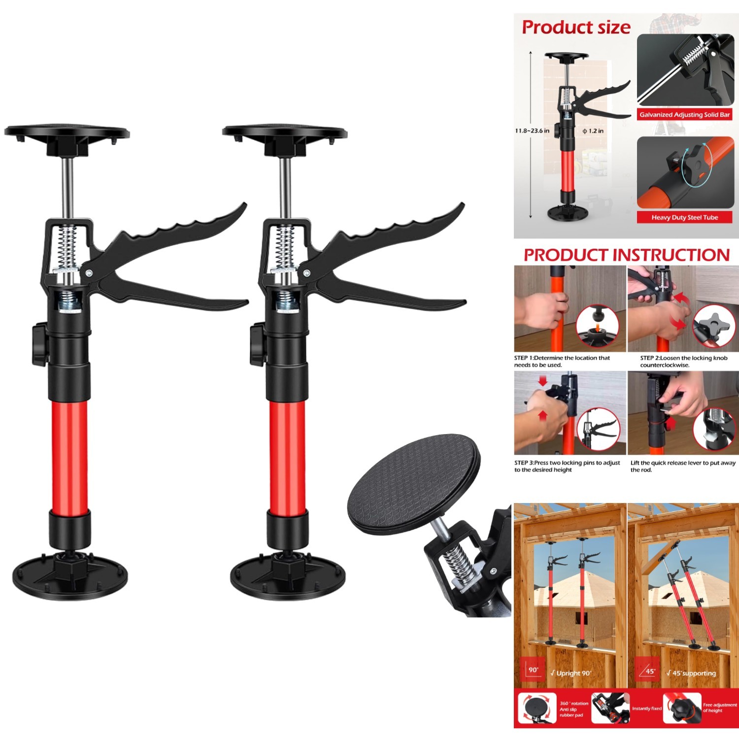 2 Cabinet Jack Support Pole 12-24″ Adjustable Third Hand Tool Drywall Lift 180lb