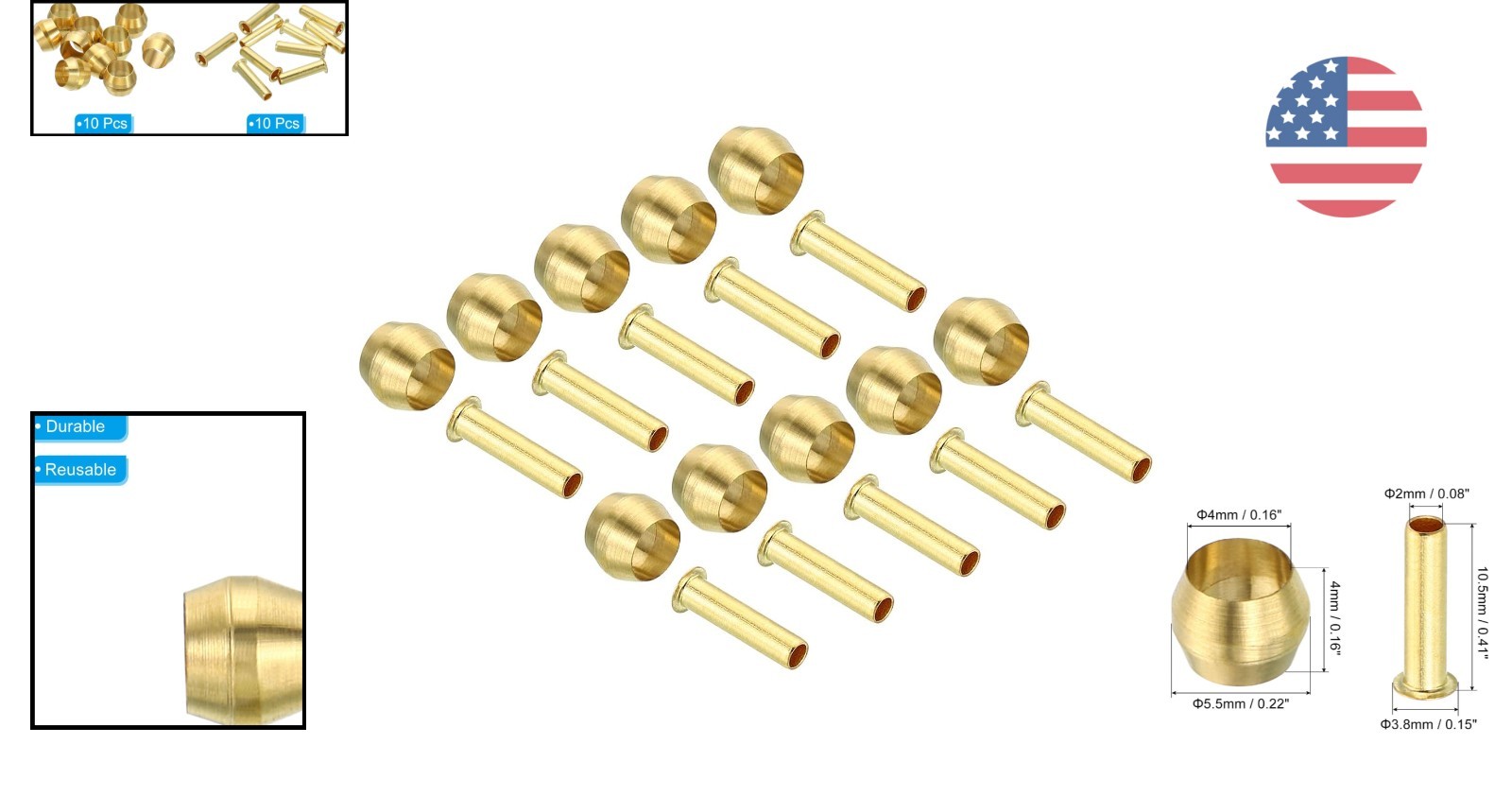 20-Piece 4mm Brass Compression Insert Fittings Set for Secure Pipe Connections