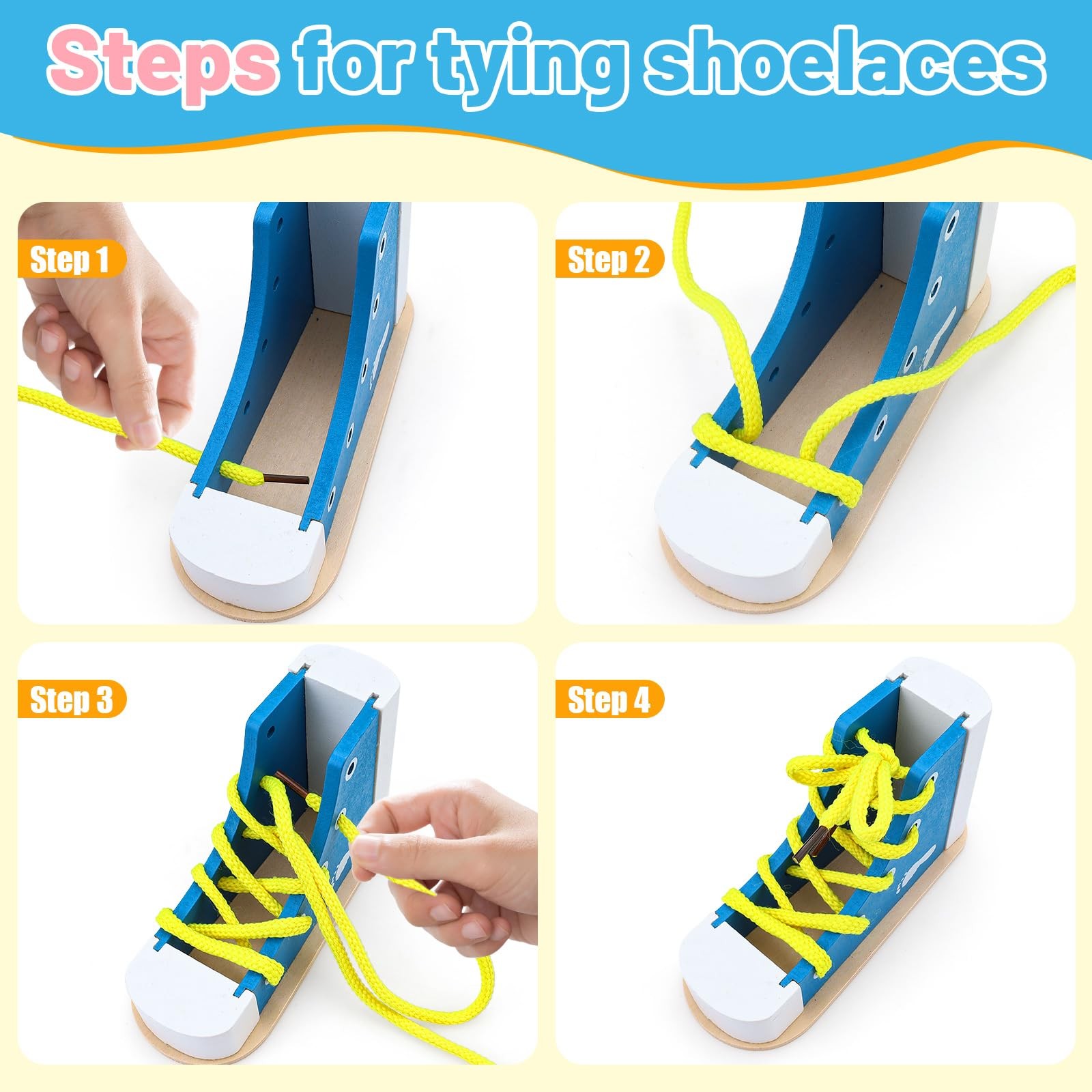 2 Pack Wooden Shoe Tying Practice Kit with Blue and Pink Laces, Instructional…