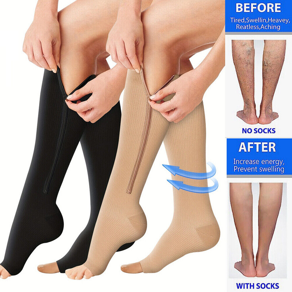 Zip-Up Compression Socks 20-30 mmHg Leg Calf Support Knee-High Stockings Unisex