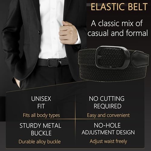 Elastic Braided Belt Waist Adjustable:42″-48″ (50″ Length) Blackd Black Buckle