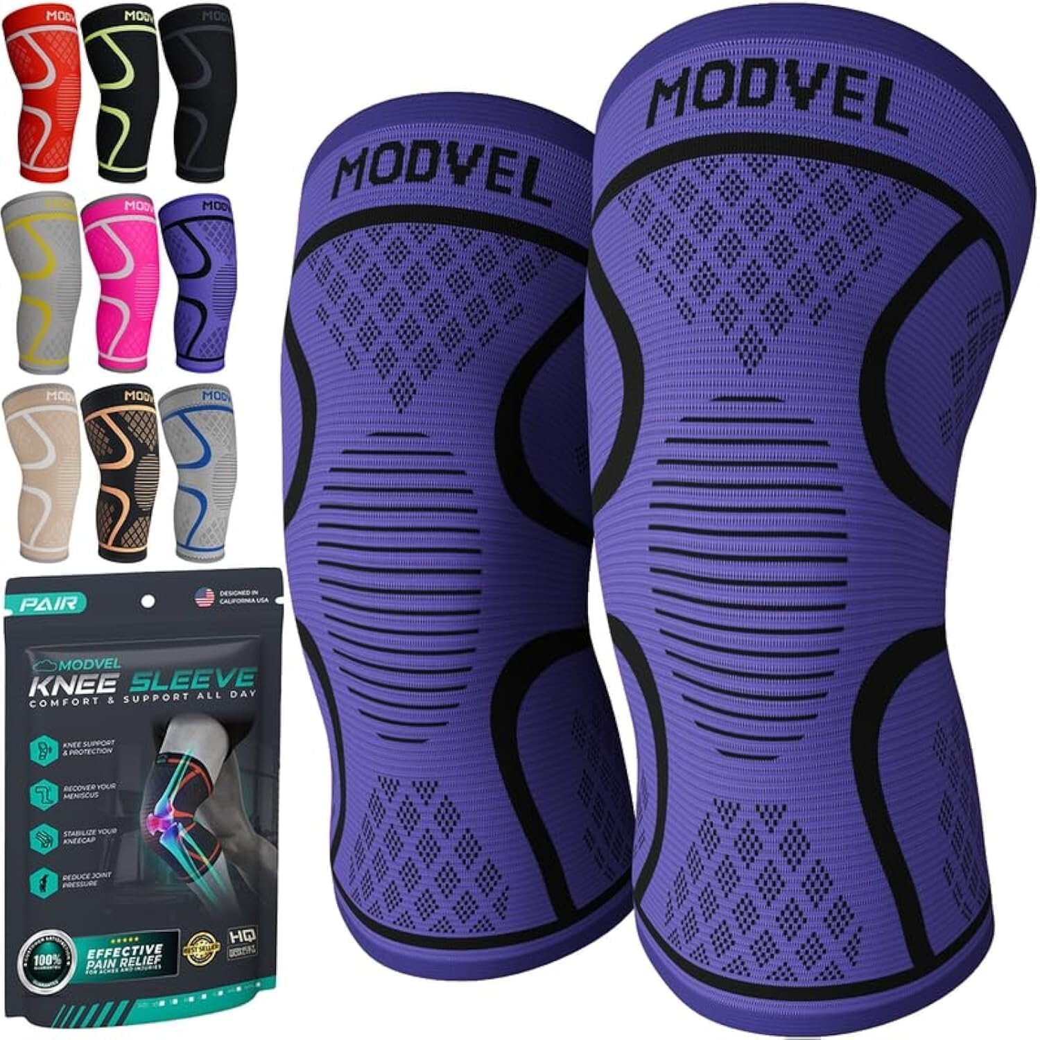 KNEE BRACE 2 Pack Modvel Workout Compression Sleeve, Unisex Small, choose color