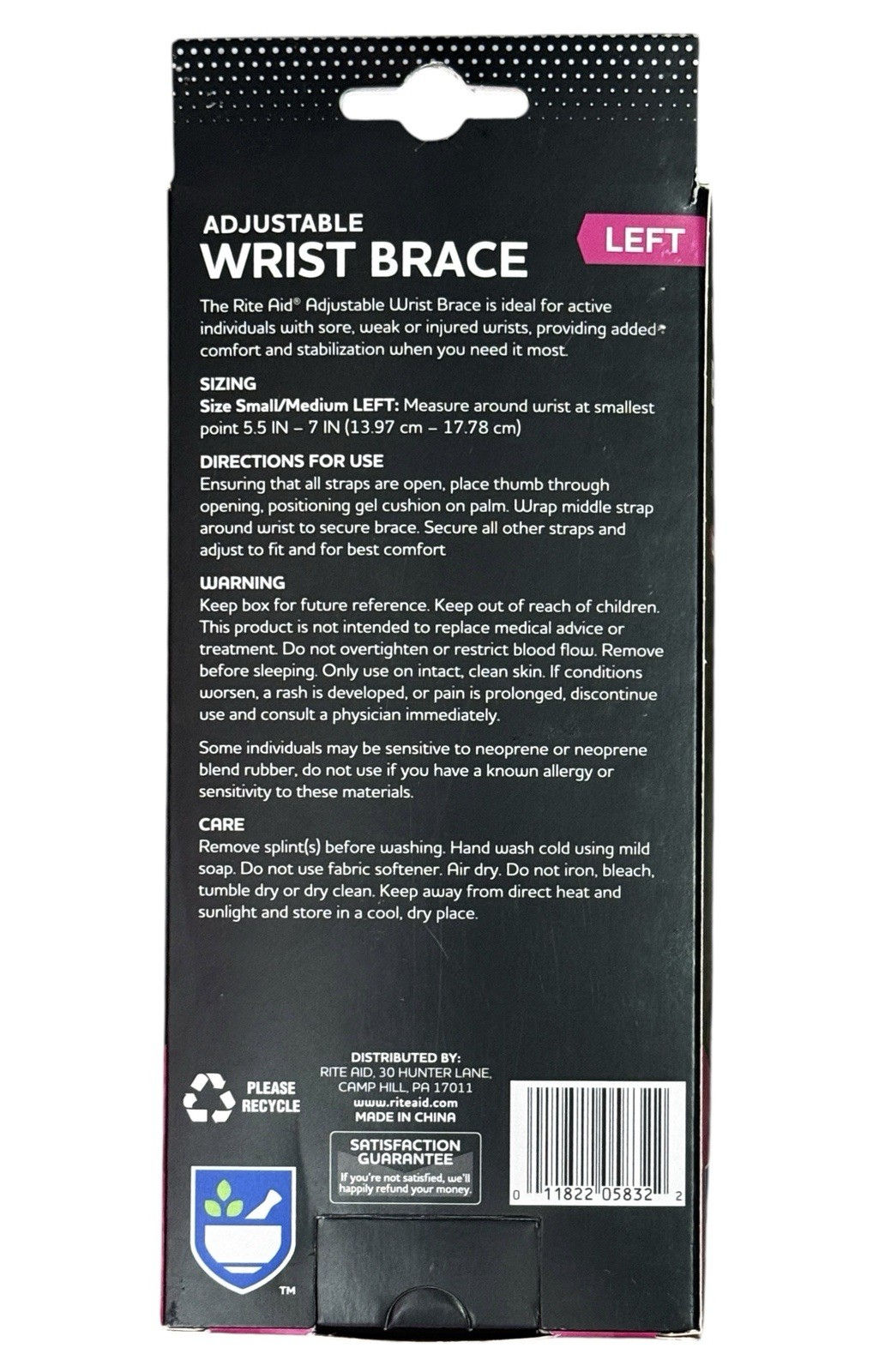 RITE AID Size S/M Adjustable WRIST BRACE For Left Hand + Gel Cushion