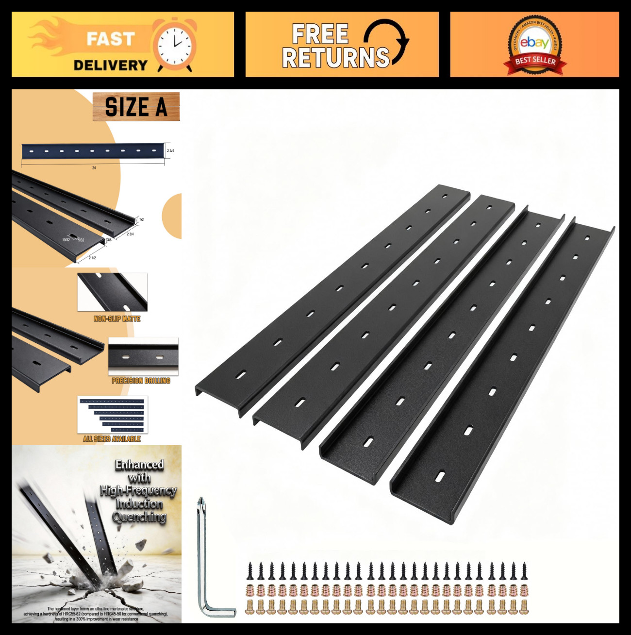 Metal C Channel Support Brackets for Table Top – 24 Inch, 4 Pack, Black Finish,