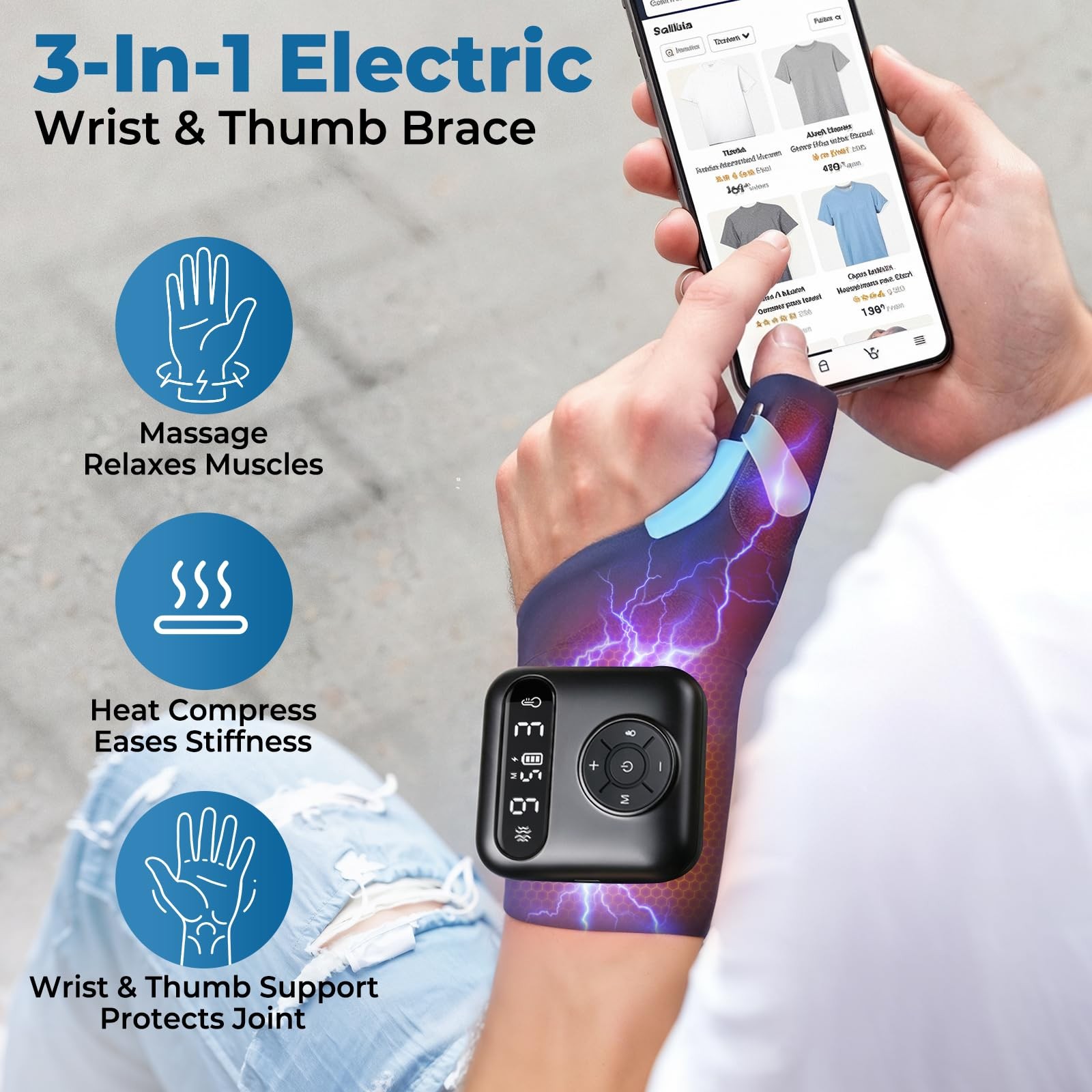 TENICORE Cordless Wrist & Thumb Supports Brace with Heat & Massage