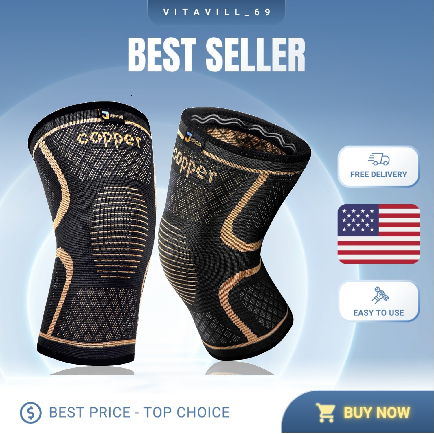 Sports-Oriented Copper Knee Braces – Compression Sleeves for Pain Relief, 2-Pack